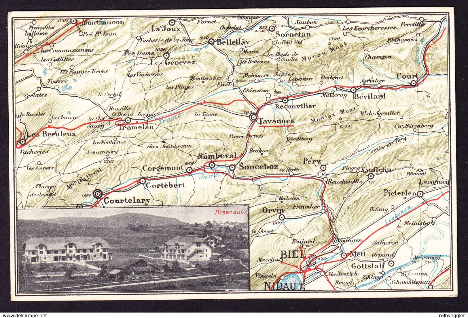 1912 Gelaufene AK: Landkarte, Tavannes Mit Arsenaux. Bahnstempel. - Tavannes