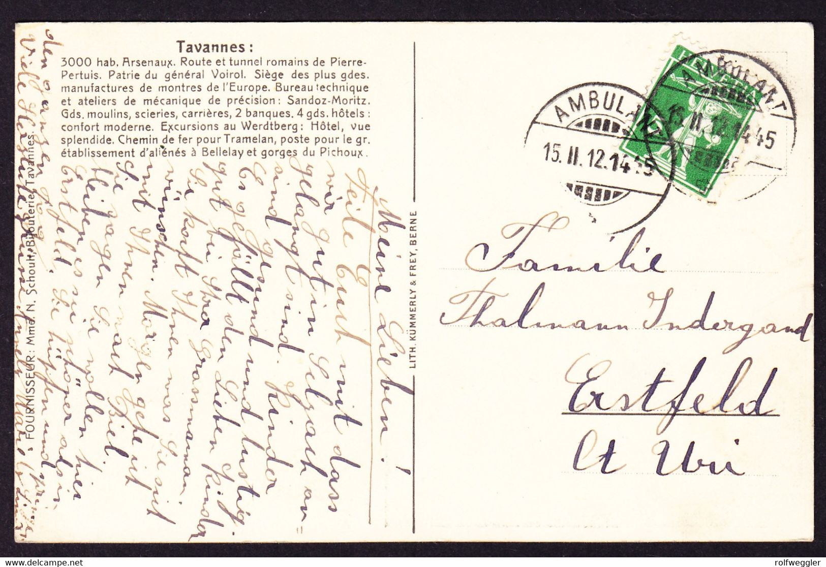 1912 Gelaufene AK: Landkarte, Tavannes Mit Arsenaux. Bahnstempel. - Tavannes