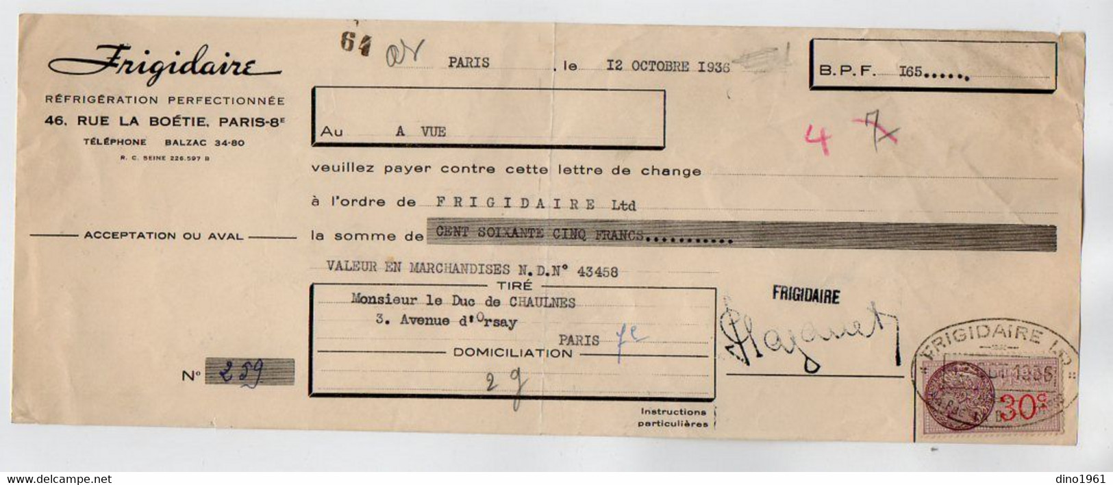 VP20.582 - PARIS 1936 - Lettre De Change - Frigidaire Ltd Pour Mr Le Duc De CHAULNES - Wissels