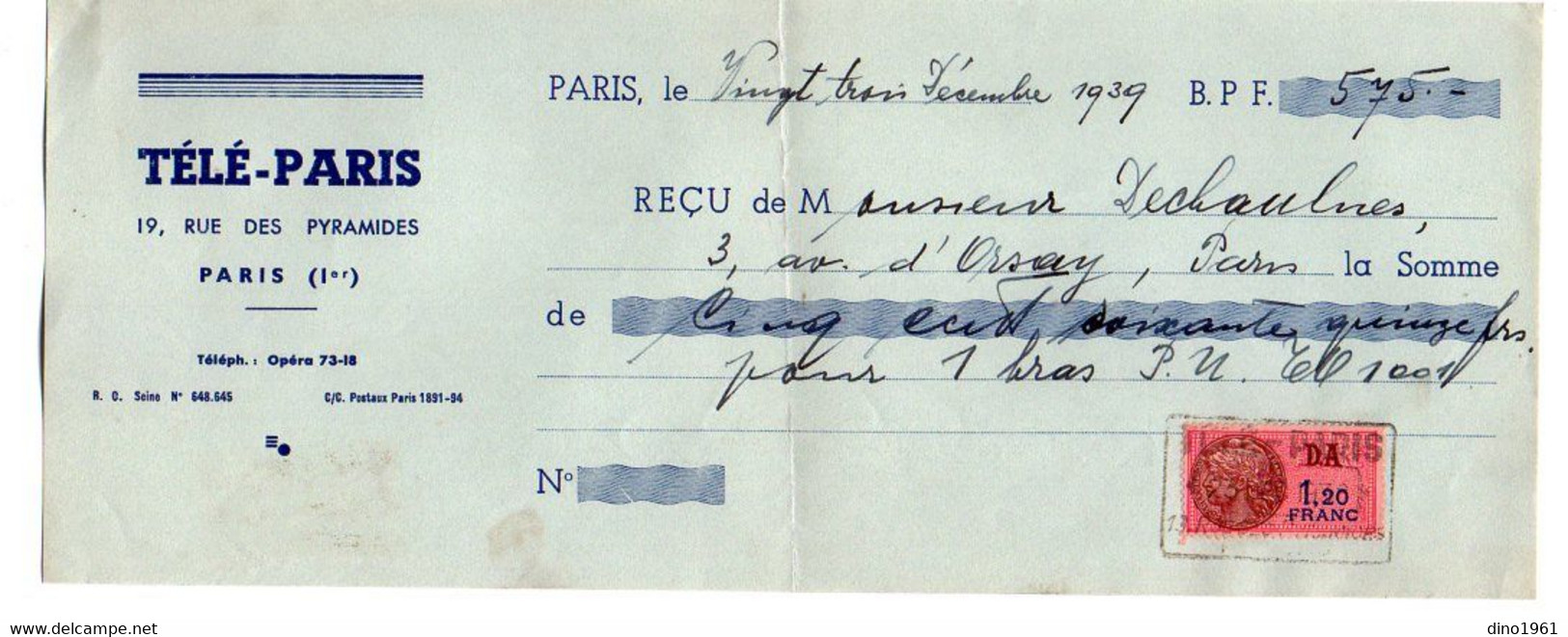 VP20.583 - PARIS 1939 - Lettre De Change - Télé - PARIS Pour Mr Le Duc De CHAULNES - Letras De Cambio