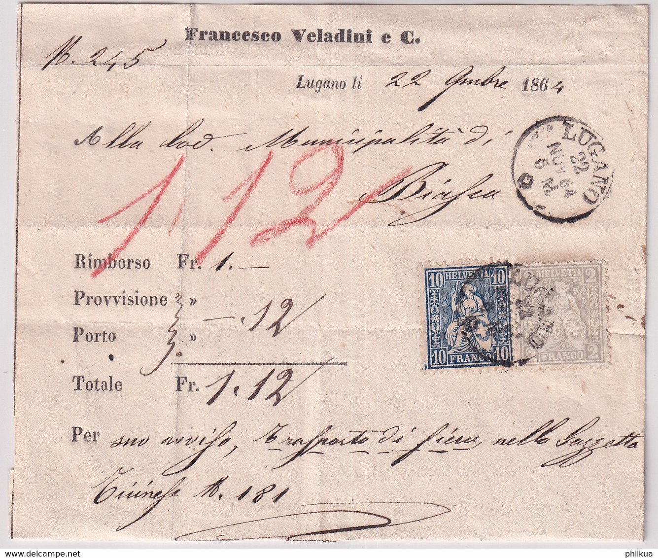 Zumst. 28, 31 / Michel 20, 23 Auf Nachnahme Briefteil Francesco Veladini E C. LUGANO - Cartas & Documentos