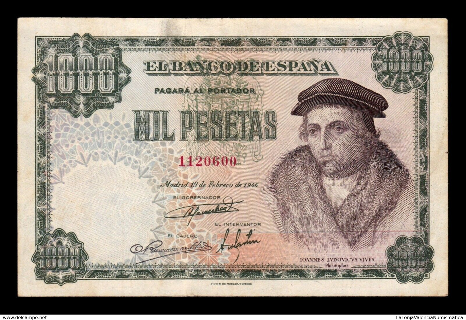 España Spain 1000 Pesetas Luis Vives 1946 Pick 133 Sin Serie MBC VF - 1000 Pesetas