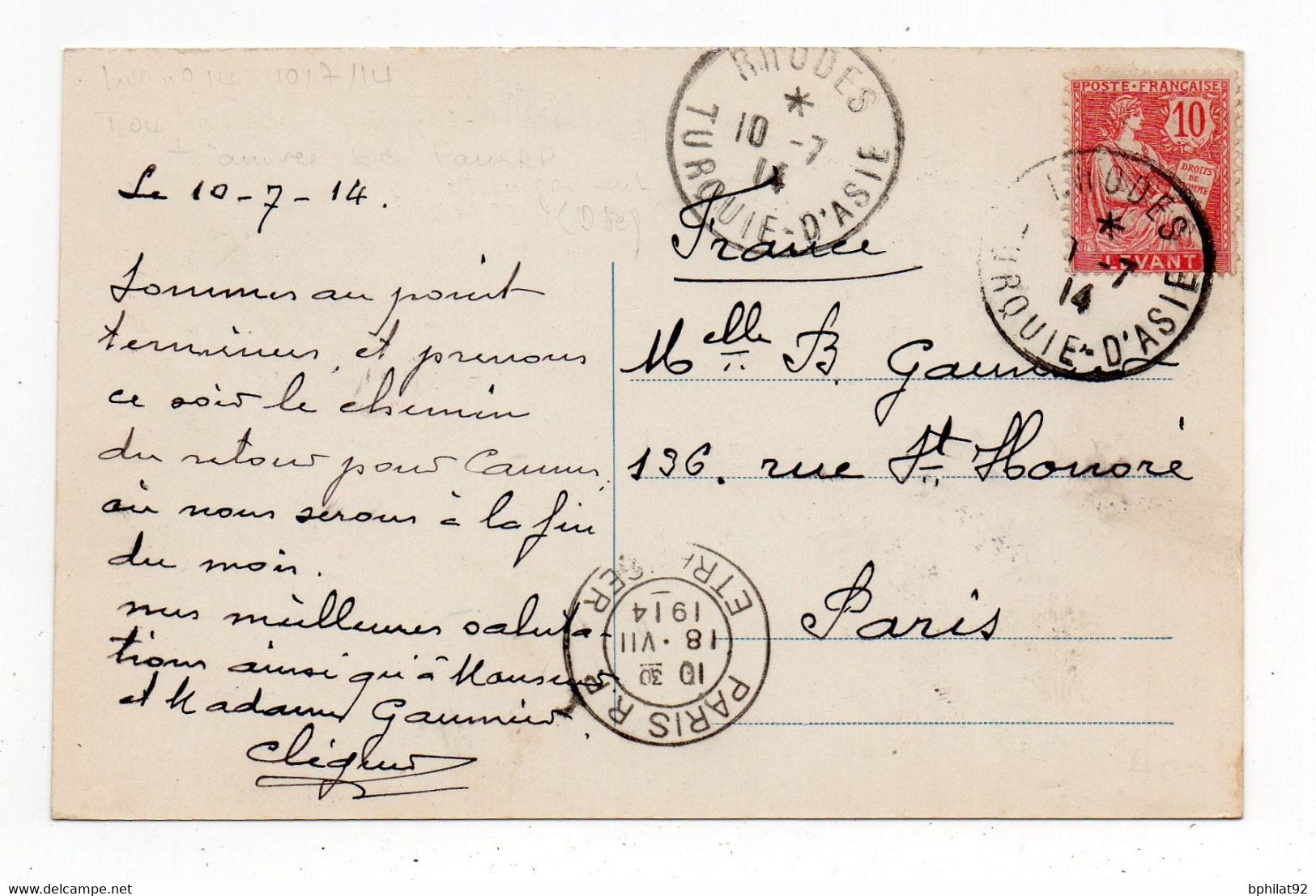 !!! LEVANT, CPA DE RHODES DE 1914 POUR PARIS - Covers & Documents