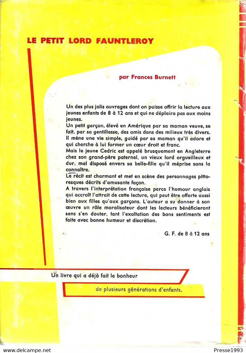 Le Petit Lord Fauntleroy - Frances Burnett - Septembre 1953 - Bibliotheque Rouge Et Or