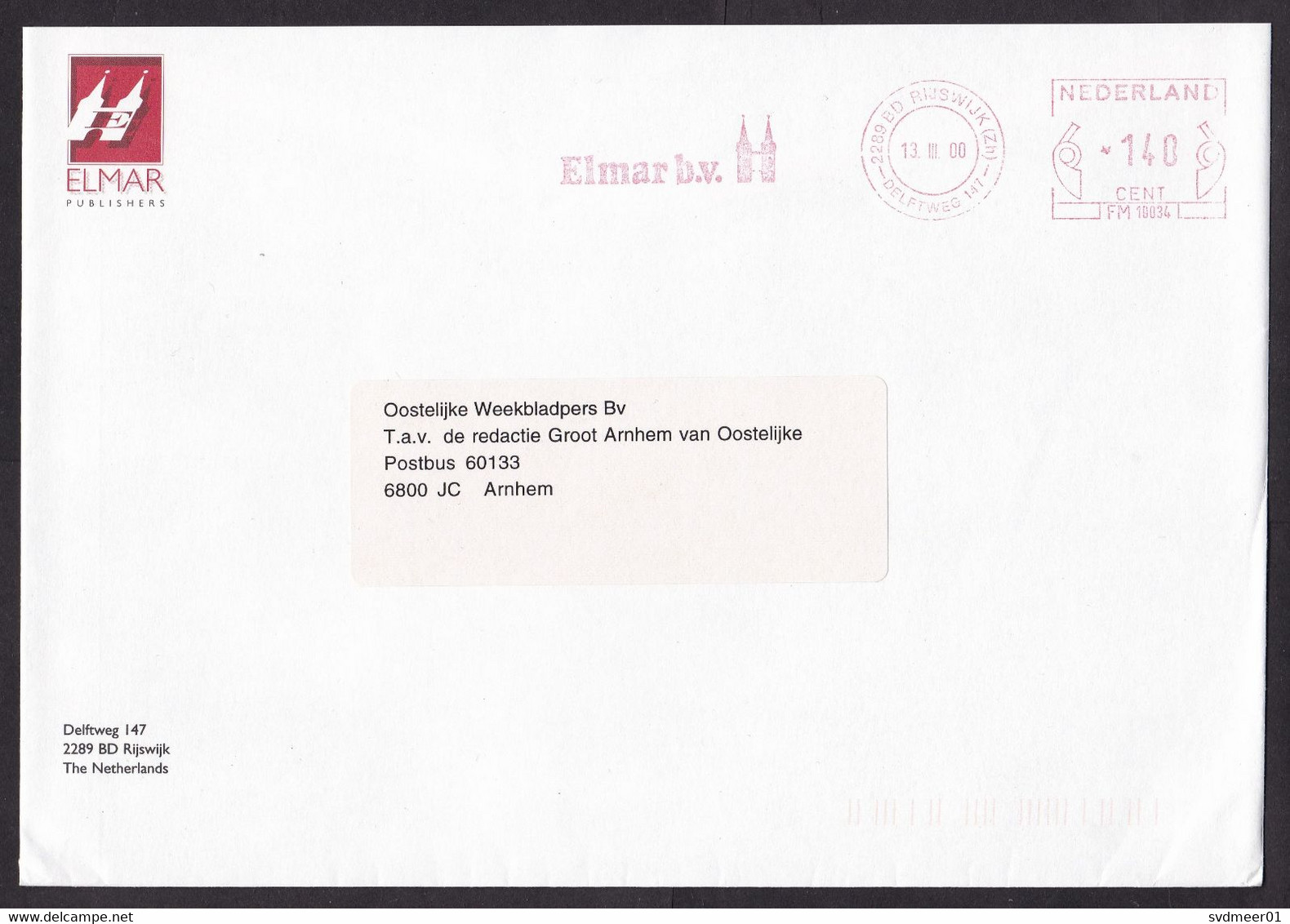 Netherlands: Cover, 2000, Meter Cancel, Elmar Publishing House, Logo Gate Tower Building Delft (traces Of Use) - Briefe U. Dokumente