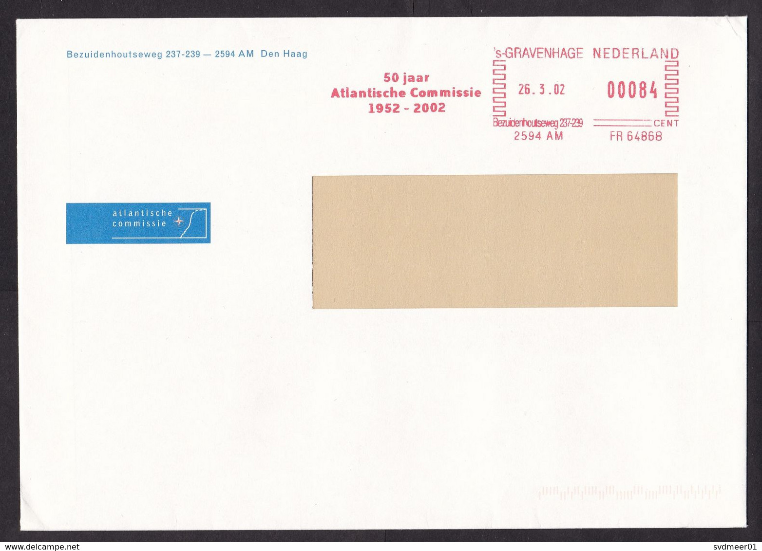 Netherlands: Cover, 2002, Meter Cancel, Atlantic Commission, Cooperation USA Europe (traces Of Use) - Covers & Documents