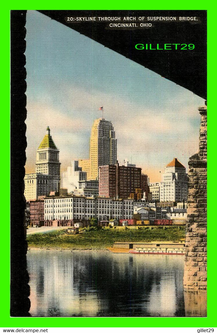 CINCINNATI, OH - SKYLINE THROUGH ARCH OF SUSPENSION BRIDGE - TRAVEL IN 1949 -  KRAEMER ART - - Cincinnati