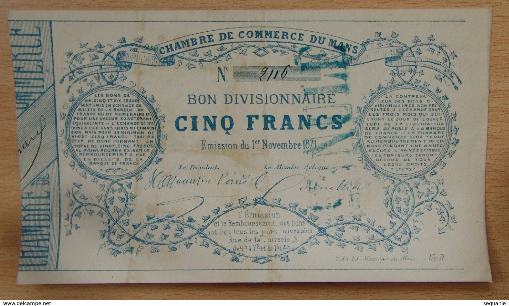 Le Mans (72) 5 Francs Chambre De Commerce Du Mans, Bon Divisionnaire 01/11/1871 ANNULE En Bleu - Chambre De Commerce