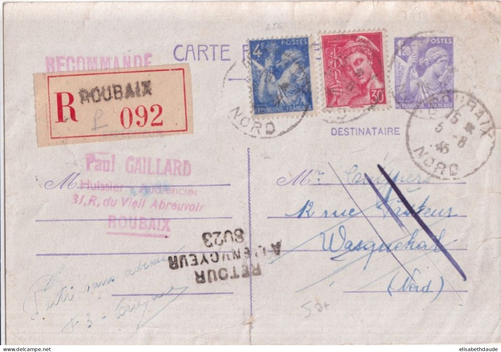 1945 - TYPE IRIS + MERCURE - CARTE ENTIER RECOMMANDEE !! De ROUBAIX (NORD) => WASQUEHAL => RETOUR - 1939-44 Iris