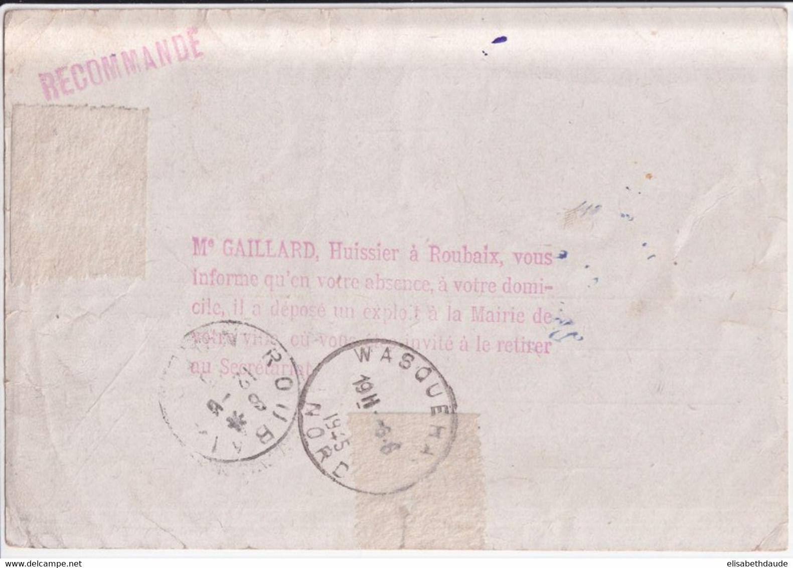 1945 - TYPE IRIS + MERCURE - CARTE ENTIER RECOMMANDEE !! De ROUBAIX (NORD) => WASQUEHAL => RETOUR - 1939-44 Iris