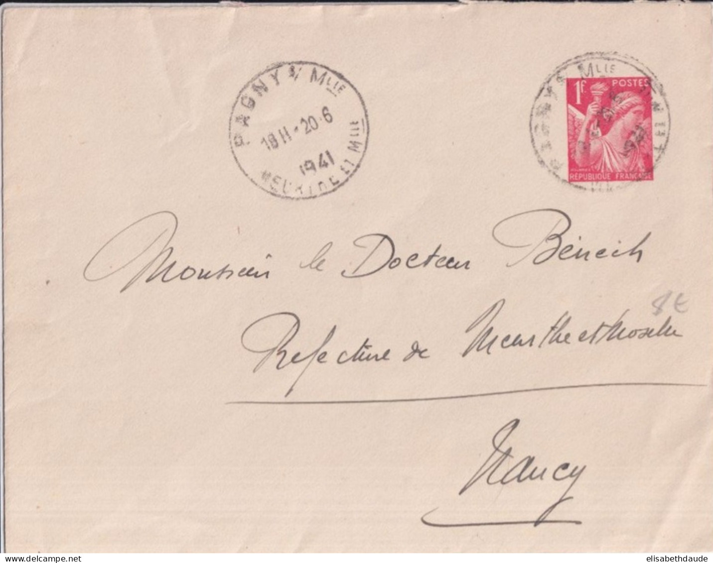 1941 - IRIS - ENVELOPPE ENTIER De PAGNY SUR MOSELLE => NANCY - Standard Covers & Stamped On Demand (before 1995)