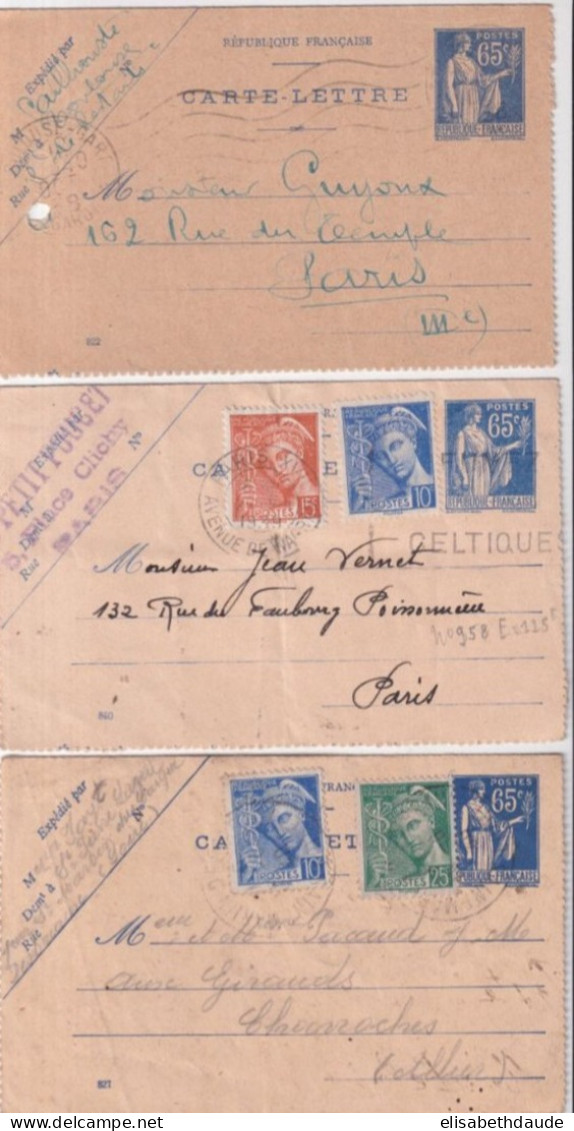 1938/1940 - PAIX - 3 CARTES-LETTRE 65c Dont 2 Avec COMPLEMENT MERCURE - Cartoline-lettere