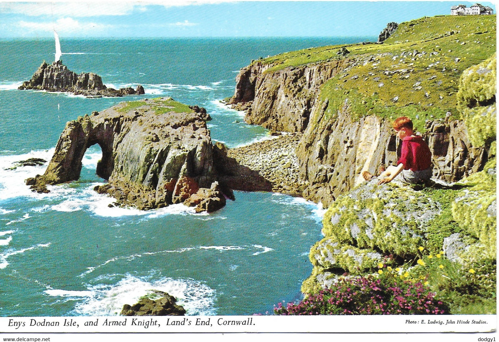 ENYS DODNAN ISLE, AND ARMED KNIGHT, LANDS END, CORNWALL, ENGLAND. Circa 1966  USED POSTCARD   Tw7 - Land's End