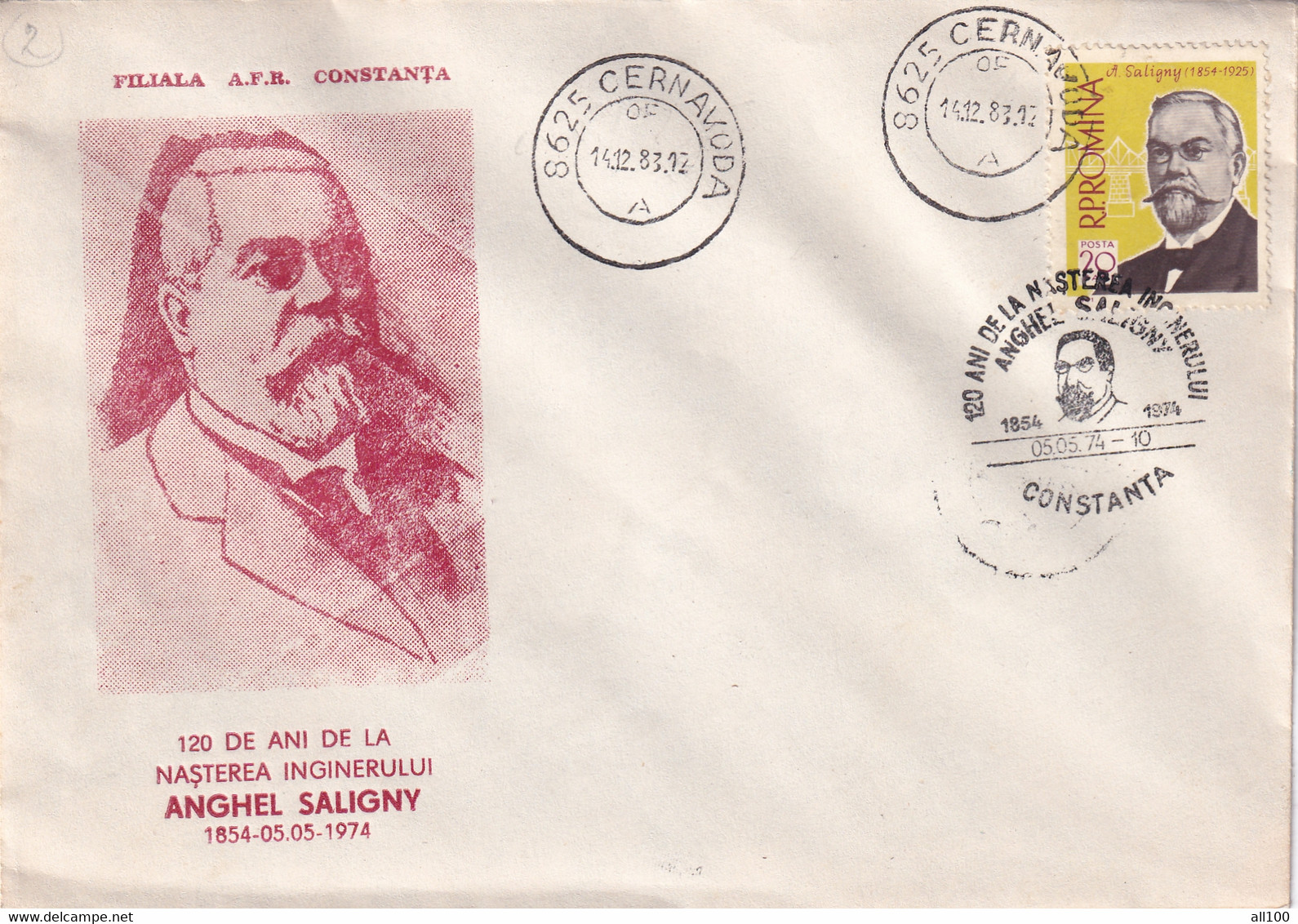 A19319 - 120 DE ANI DE LA NASTEREA INGINERULUI ANGHEL SALIGNY COVER ENVELOPE USED 1983 REPUBLICA SOCIALISTA ROMANIA RSR - Lettres & Documents