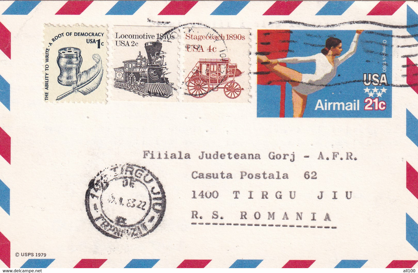 A19370 - UNITED STATES OF AMERICA USA AIRMAIL 21C OLYMPICS 1980 POSTAL STATIONERY USED 1983 SENT TO TARGU JIU RS ROMANIA - 3a. 1961-… Oblitérés