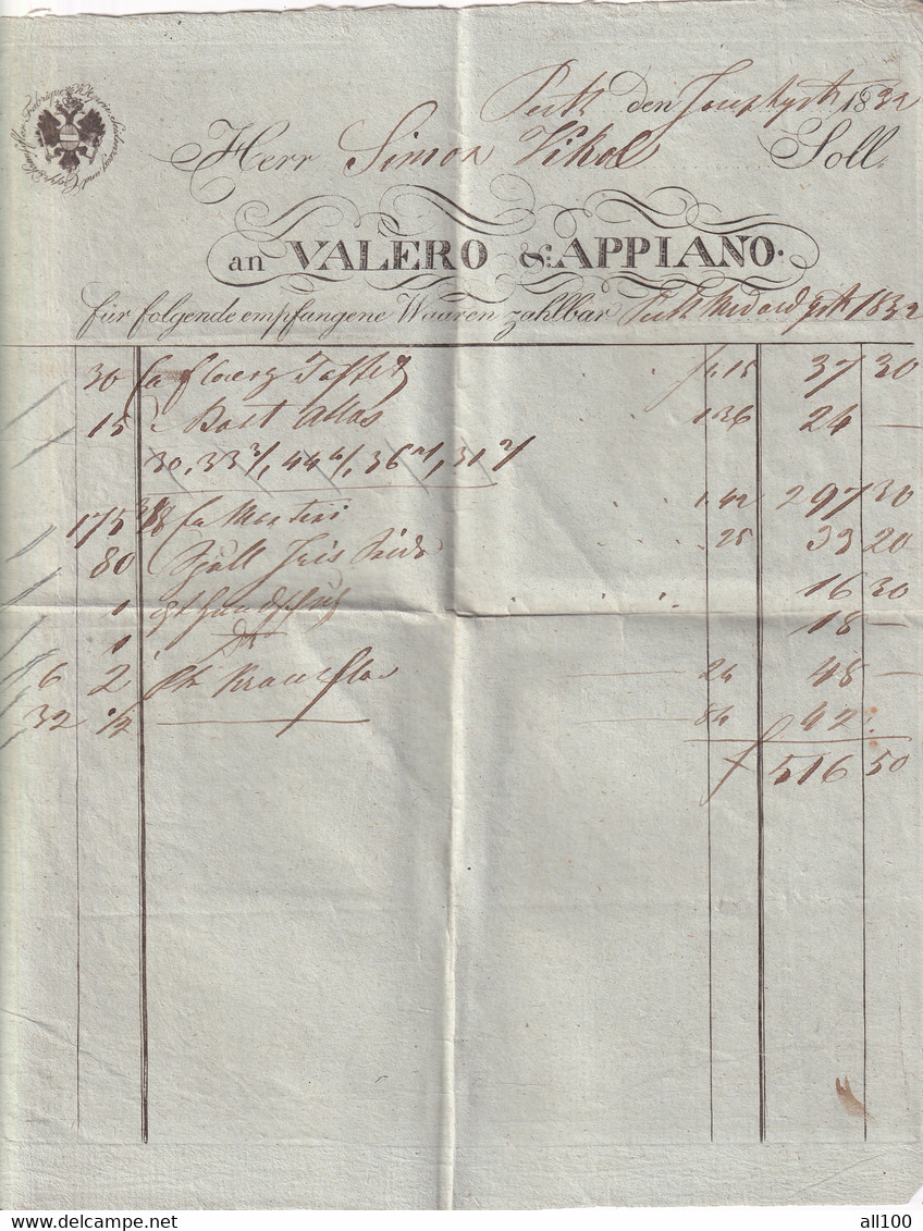 A19439 - HERR SIMON VIKOL AN VALERO & APPIANO FUR FOLGENDE EMPFANGENE WAAREN ZAHLBAR INVOICE FROM AUSTRIAN EMPIRE 1822 - Oostenrijk