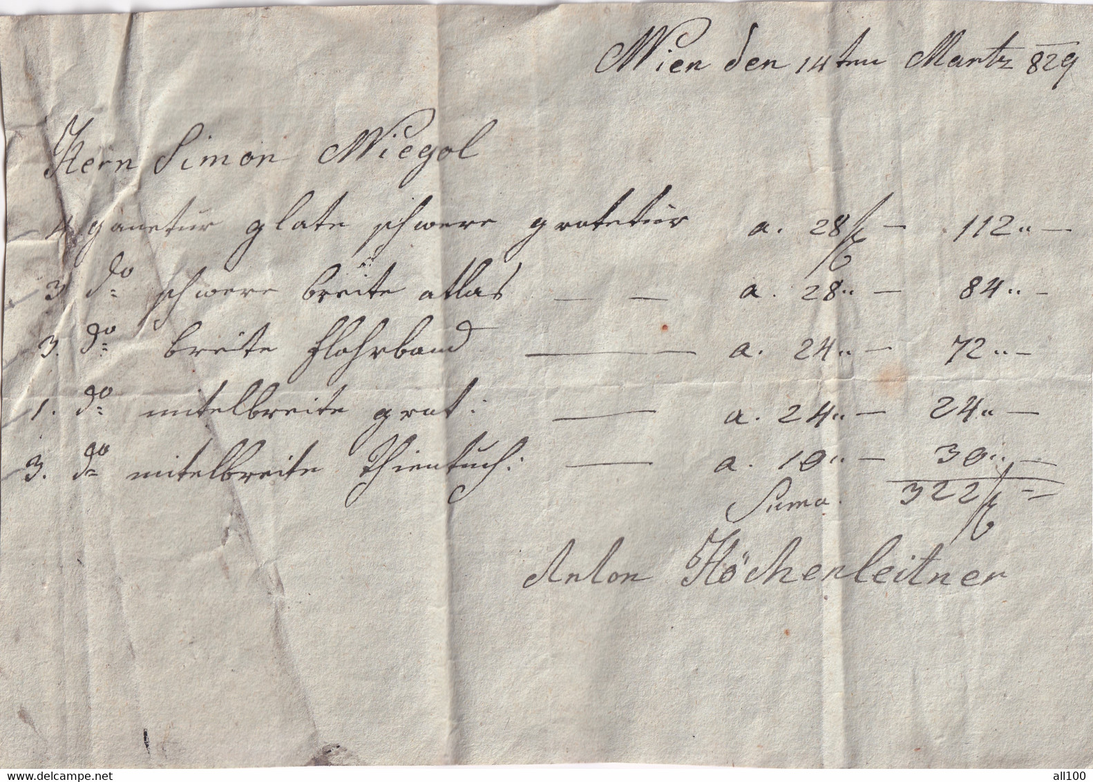 A19438 - HERR SIMON WIEGOL VIKOL RECEIPT FROM AUSTRIAN EMPIRE 1829 WIEN VIENNA ANTON HOCHENLEITNER - Oostenrijk