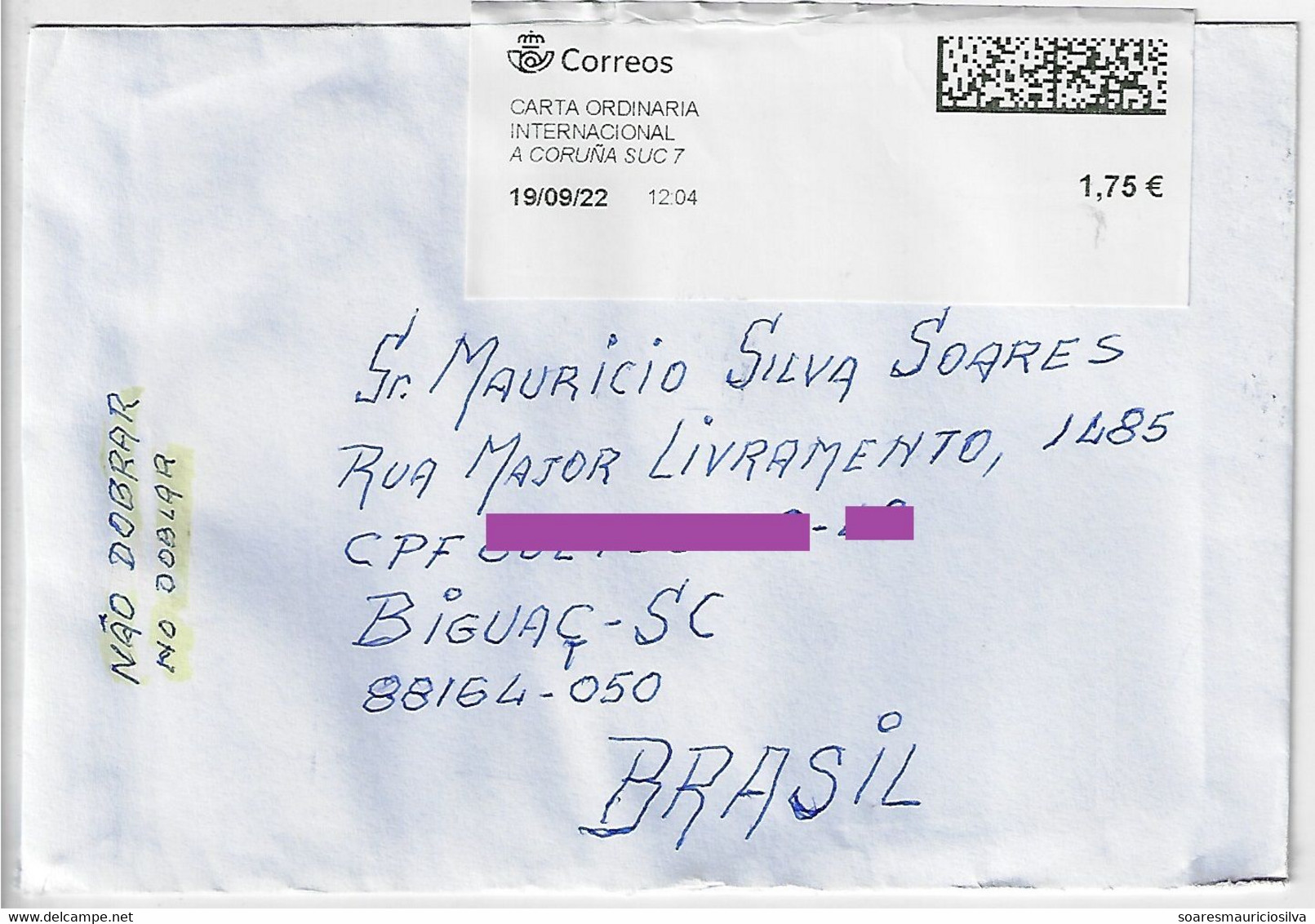 Spain 2022 Cover Sent From La Coruña To Biguaçu Brazil With Meter Stamp - Lettres & Documents