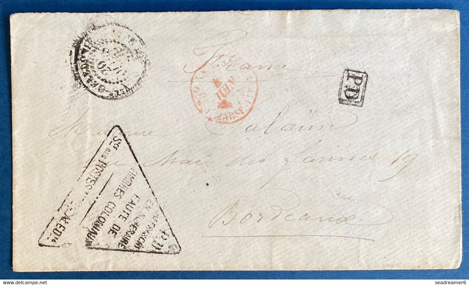 Lettre 1878 Càd Nlle CALEDONIE NOUMEA Triangle AFFRANCHI EN NUMERAIRE FAUTE DE TIMBRES COLONIAUX Pour Bordeaux Rare - Cartas & Documentos