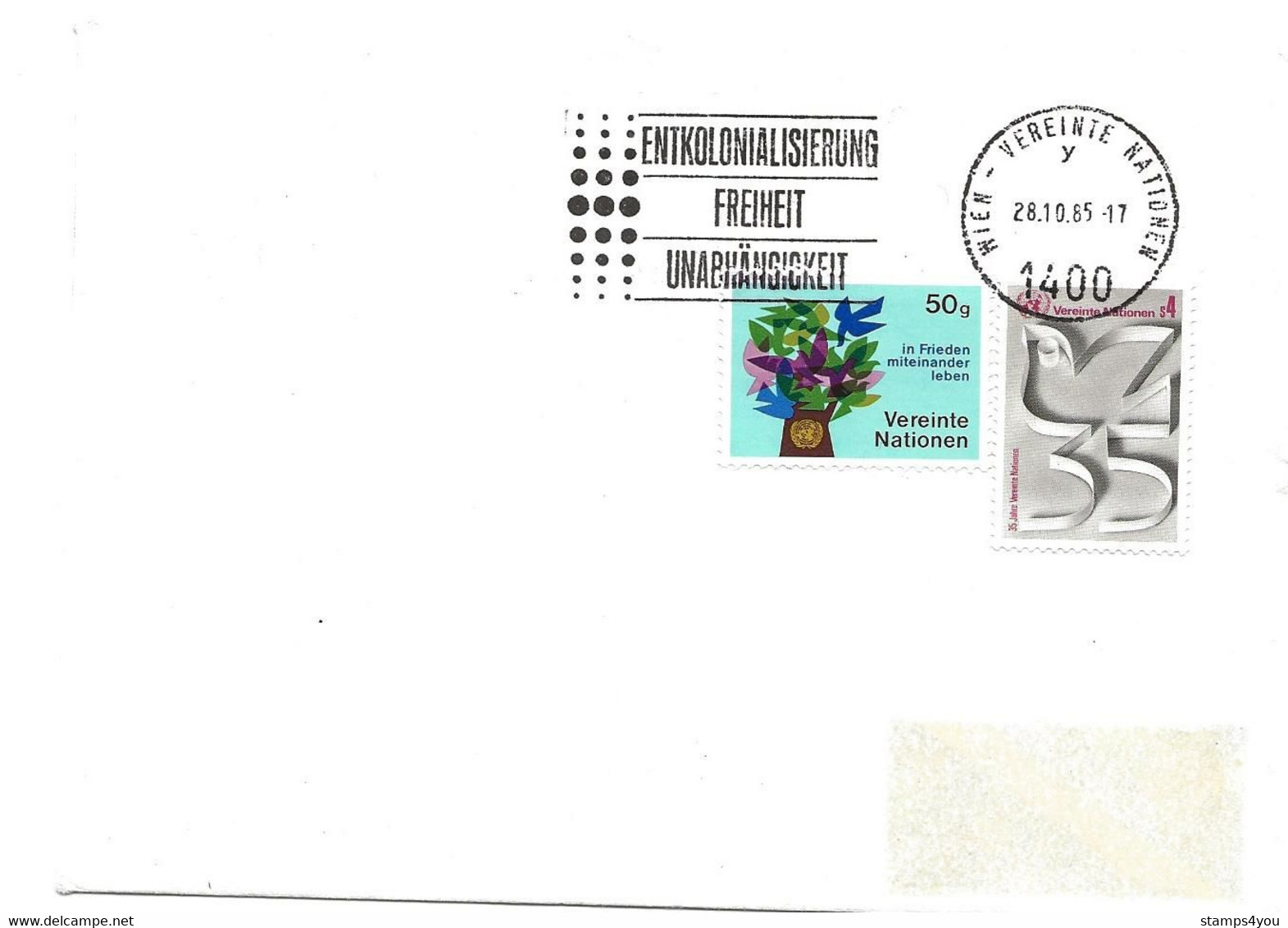 248 - 99 - Enveloppe ONU Vienne Avec Oblit Mécanique 1985 "Entkoloniallisierung Freithet ..." - Storia Postale