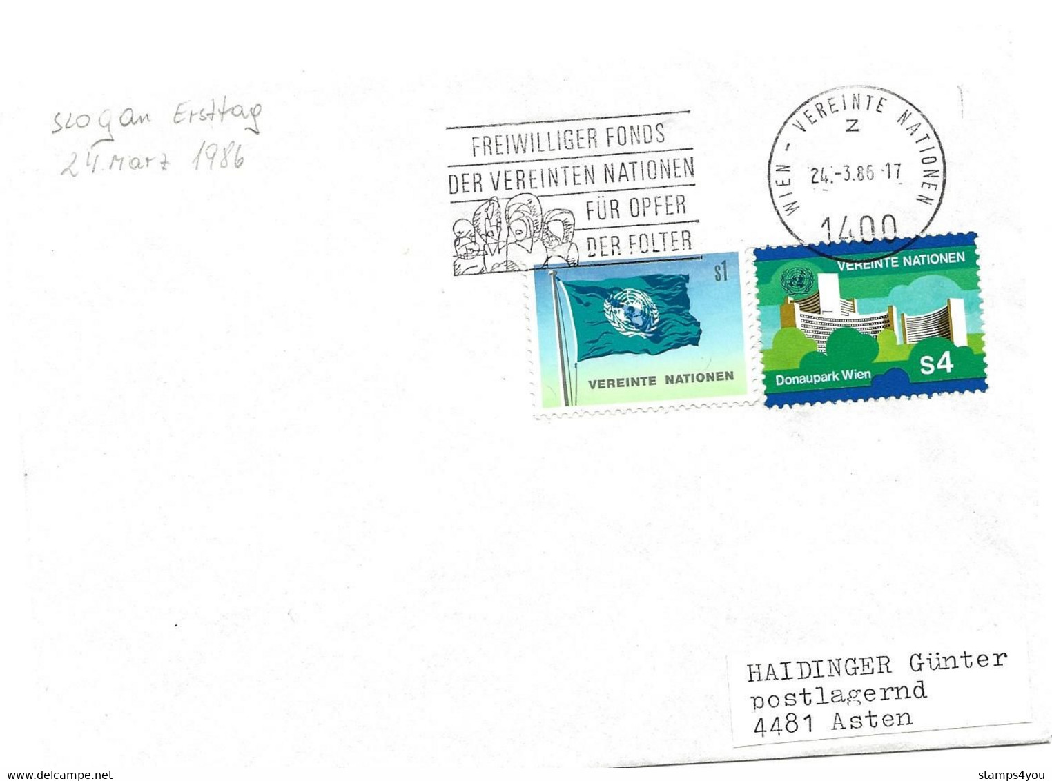 248 - 101 - Enveloppe ONU Vienne Avec Oblit Mécanique 1986 "Freiwilliger Fonds..." - Lettres & Documents