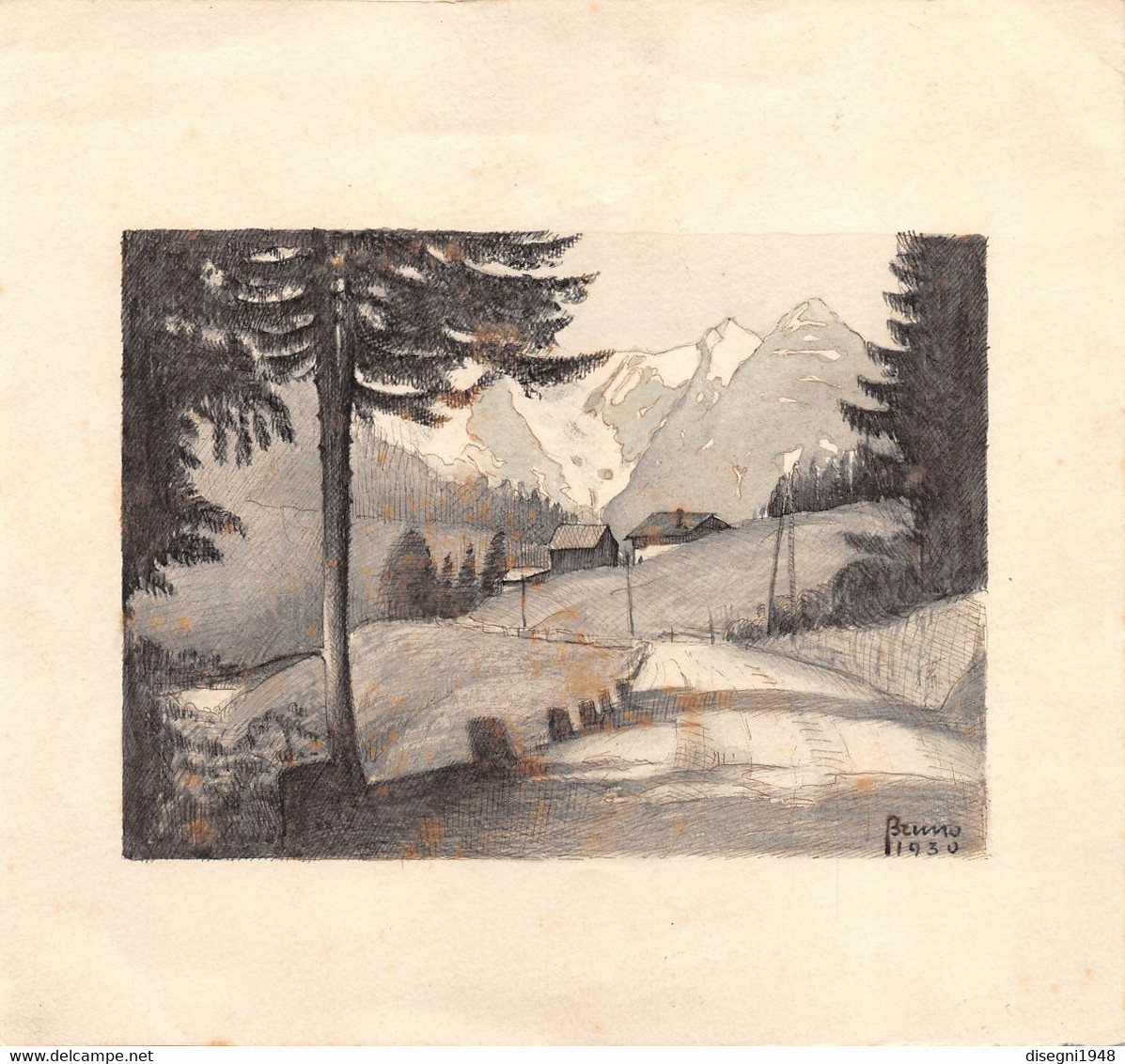 011750 "PAESAGGIO ALPINO - DISEGNO ORIGINALE - FIRMATO BRUNO 1930" - Watercolours