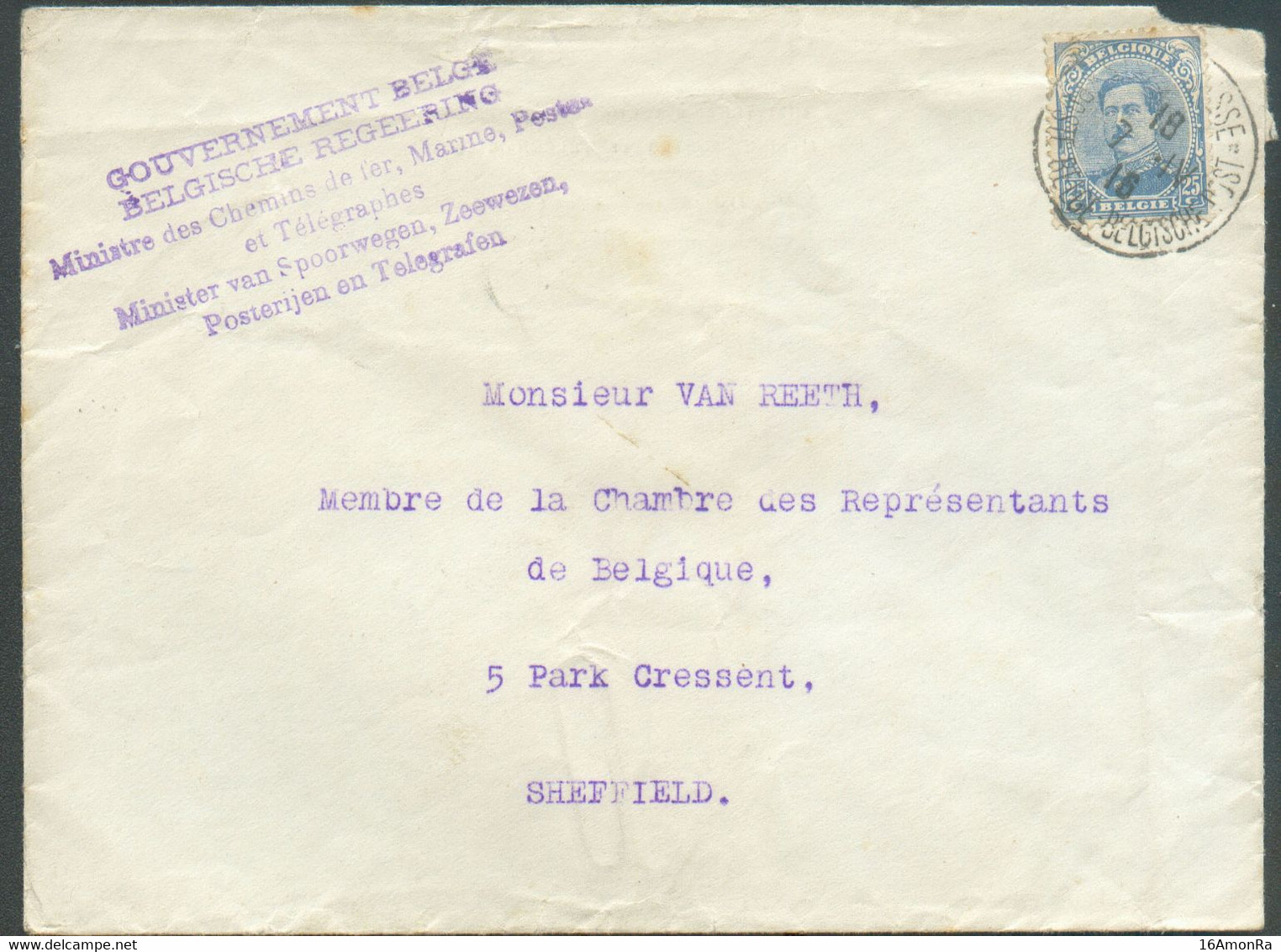 25 Centimes De L'Emission Albert 1915 Obl. Sc Ste-ADRESSE (POSTE BELGE) sur Enveloppe (griffe Ministère Des Chemins De F - Altri & Non Classificati