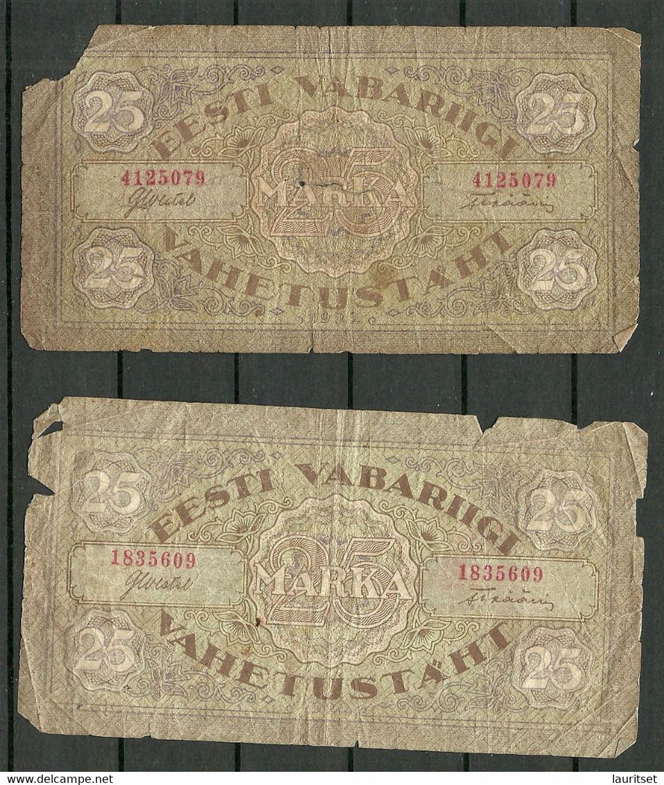 Estland Estonia 25 Marka 1922 - 2 Exemplares, Used, Bad Condition. Bank Note Banknoten - Estland