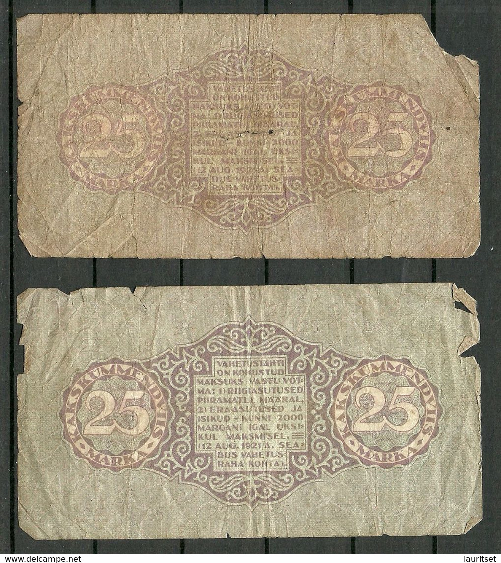 Estland Estonia 25 Marka 1922 - 2 Exemplares, Used, Bad Condition. Bank Note Banknoten - Estonia