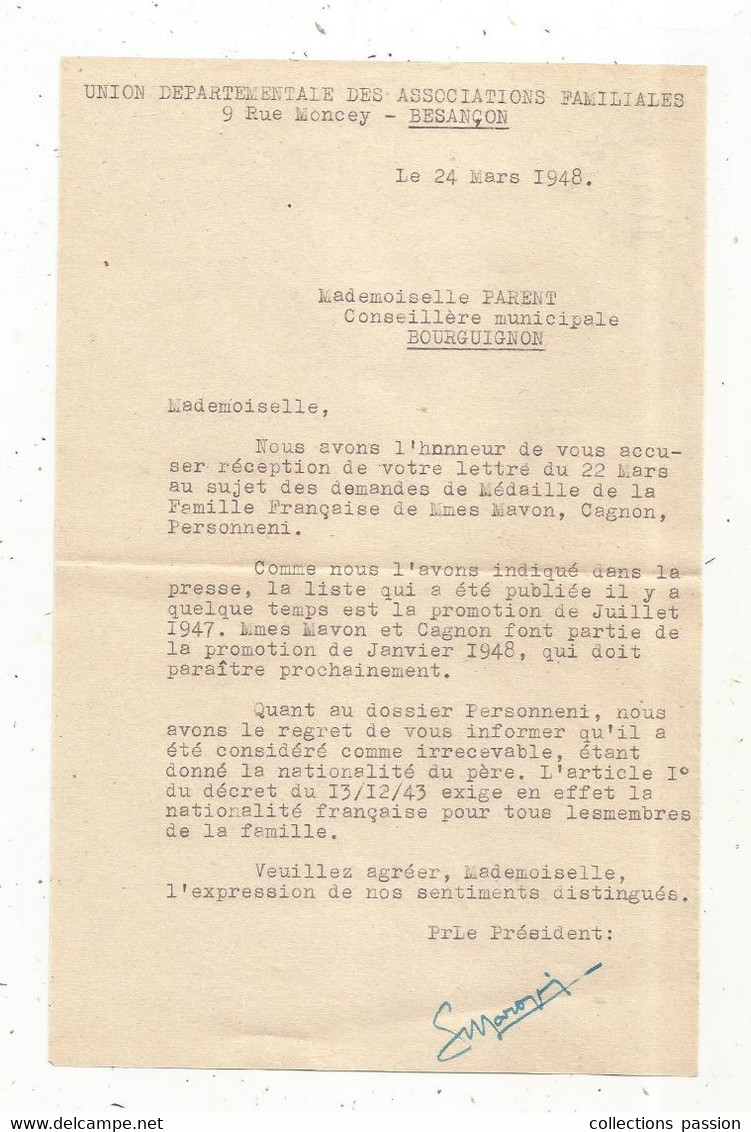 Courrier,1948,Uniondépartementale Des Associations Familiales,Besançon, MEDAILLE DE LA FAMILLE FRANCAISE, Frais Fr 1.65e - Ohne Zuordnung