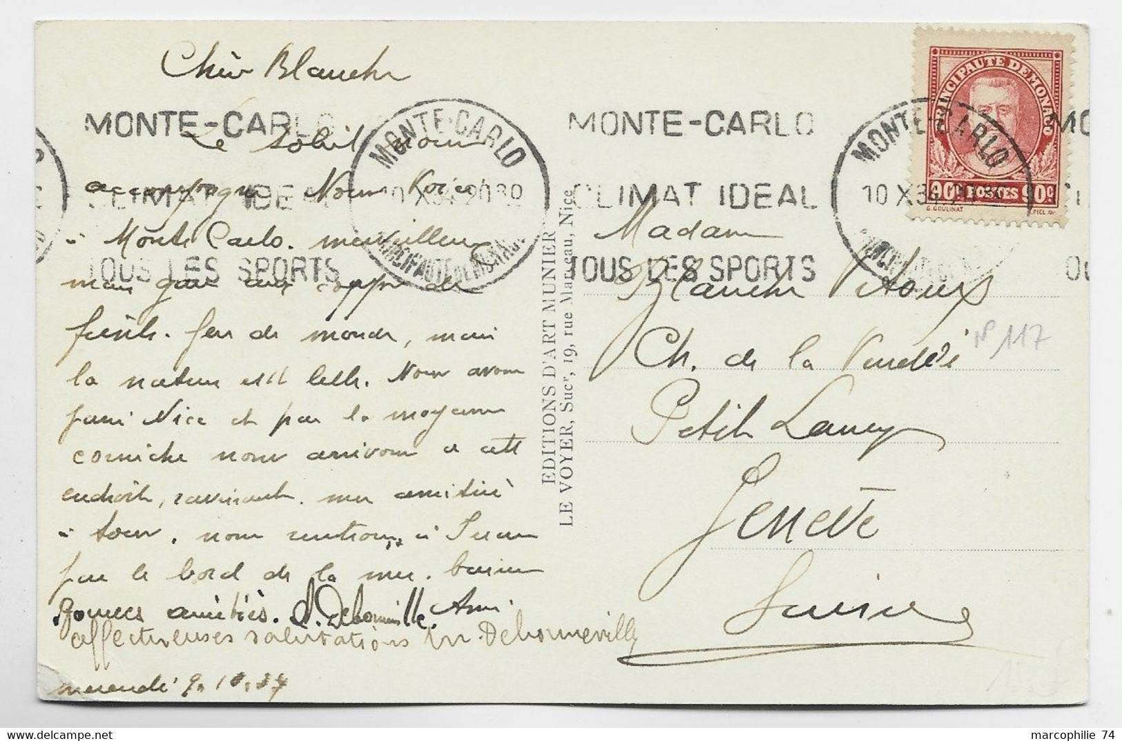 MONACO 90C ROUGE SEUL CARTE MONTE CARLO 10.X .1934 POUR SUISSE AU TARIF - Lettres & Documents