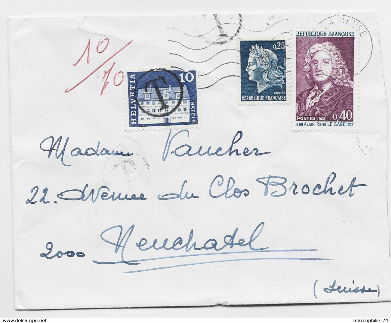 FRANCE  CHEFFER 25C+ 40C  LE SAGE LETTRE COVER  LA CLUSE AIN 1969 POUR NEUCHATEL SUISSE TAXE 10C BLEU - 1967-1970 Marianne De Cheffer