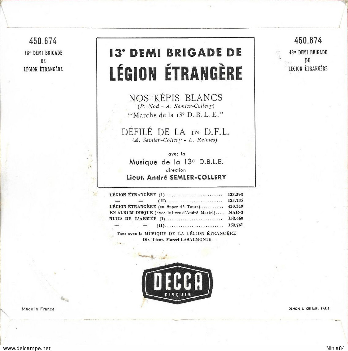 SP 45 RPM (7")  Musique De La 13e D.B.L.E. "  13e Demi Brigade De Légion étrangère  " - World Music