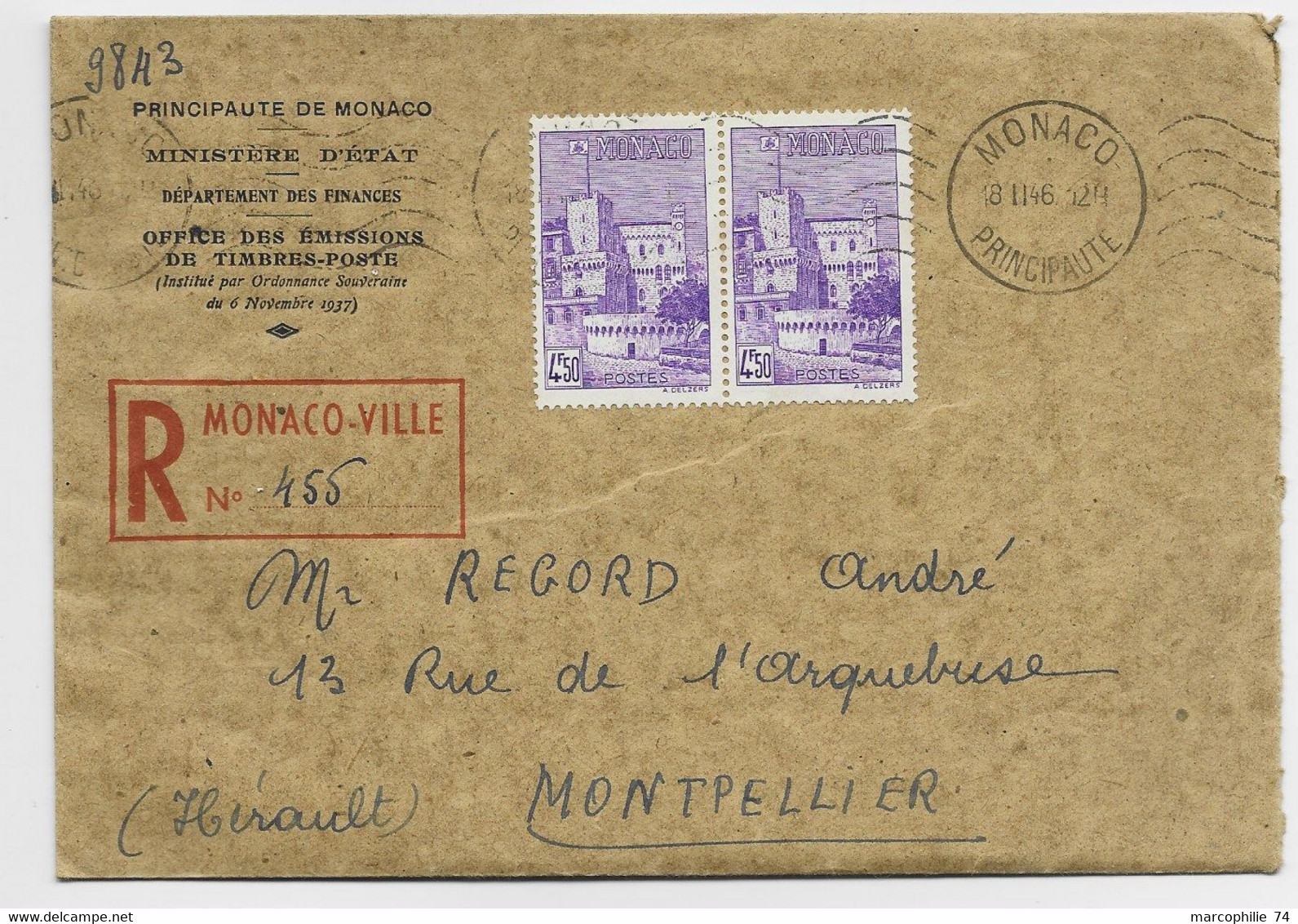 MONACO 4FR50 VIOLET LETTRE REC MEC KRAG MONACO 18.II.1946 - Cartas & Documentos