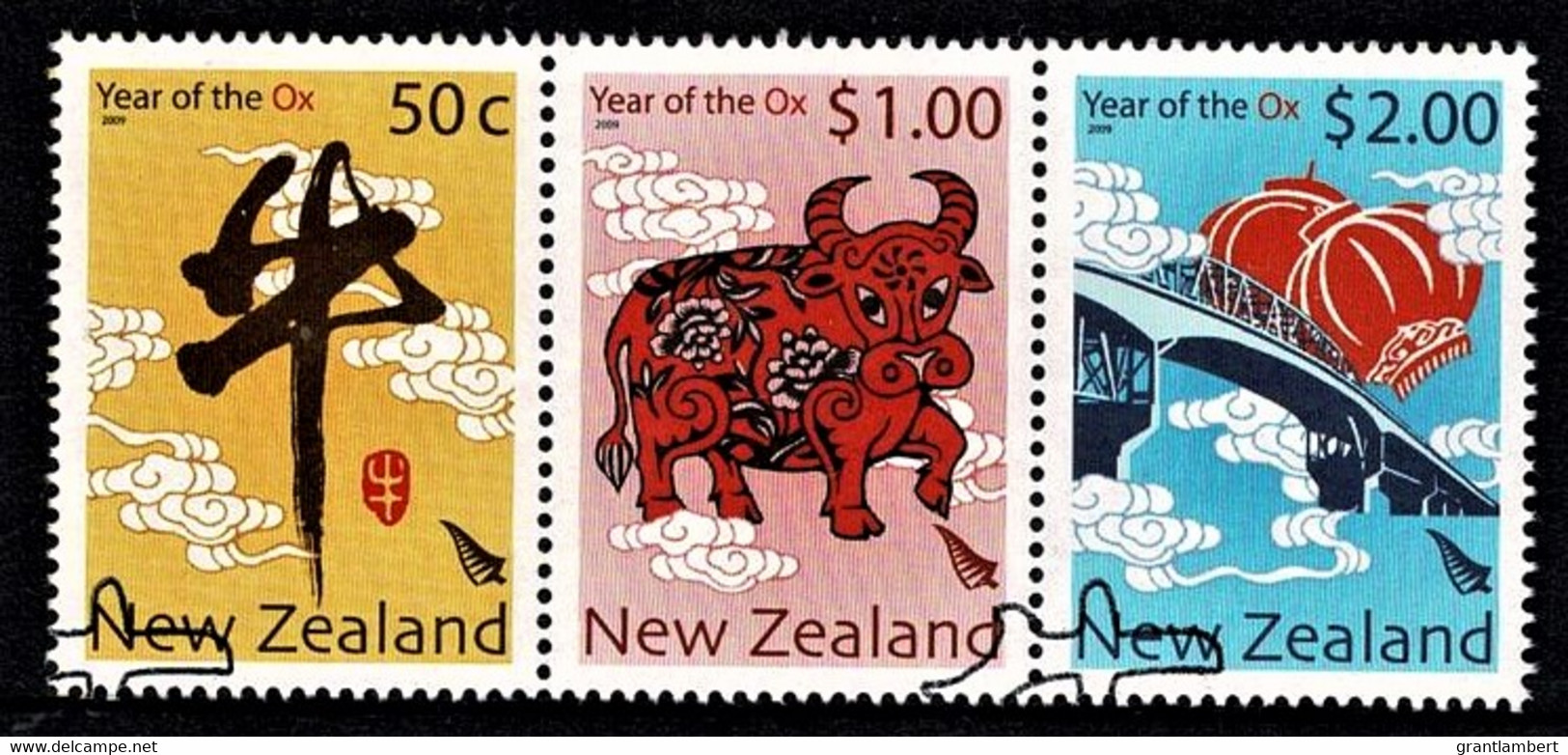 New Zealand 2009 Year Of The Ox Set As Strip Of 3 Used - Gebruikt