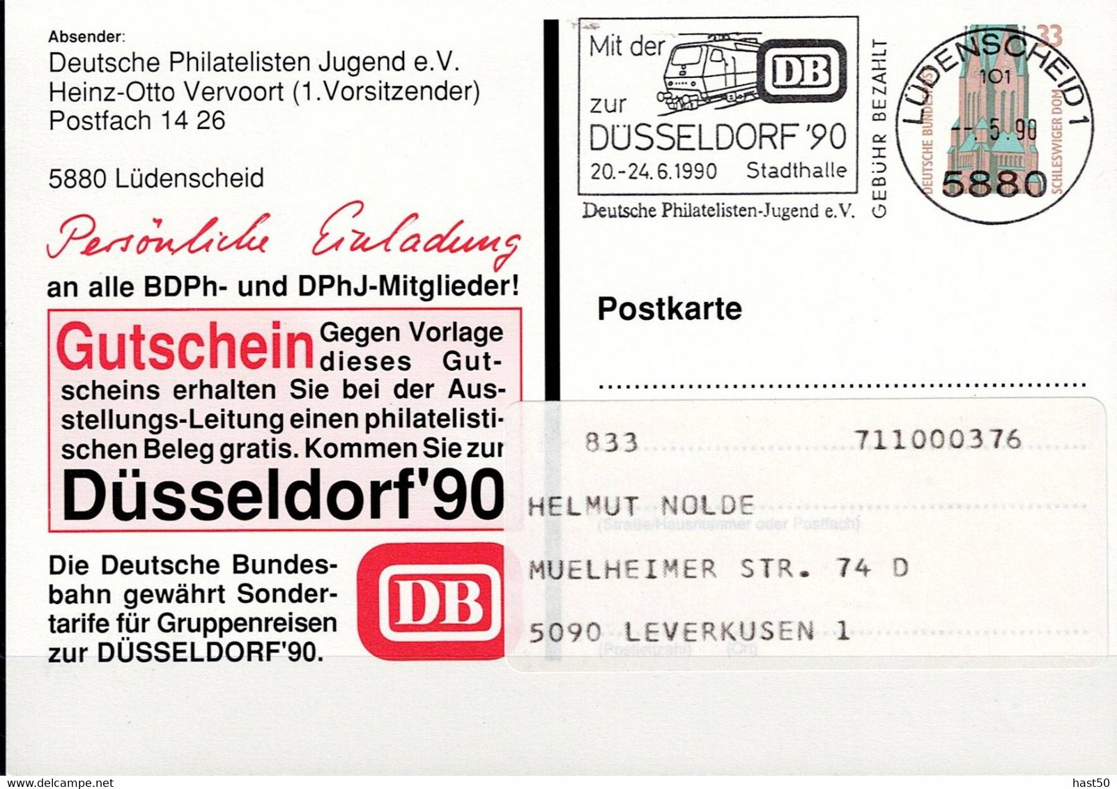 BRD FGR RFA - Privatpostkarte Einlasung Düsseldorf'90 (MiNr: PP 167 D2/001) 1990 - Siehe Scan - Postales Privados - Usados