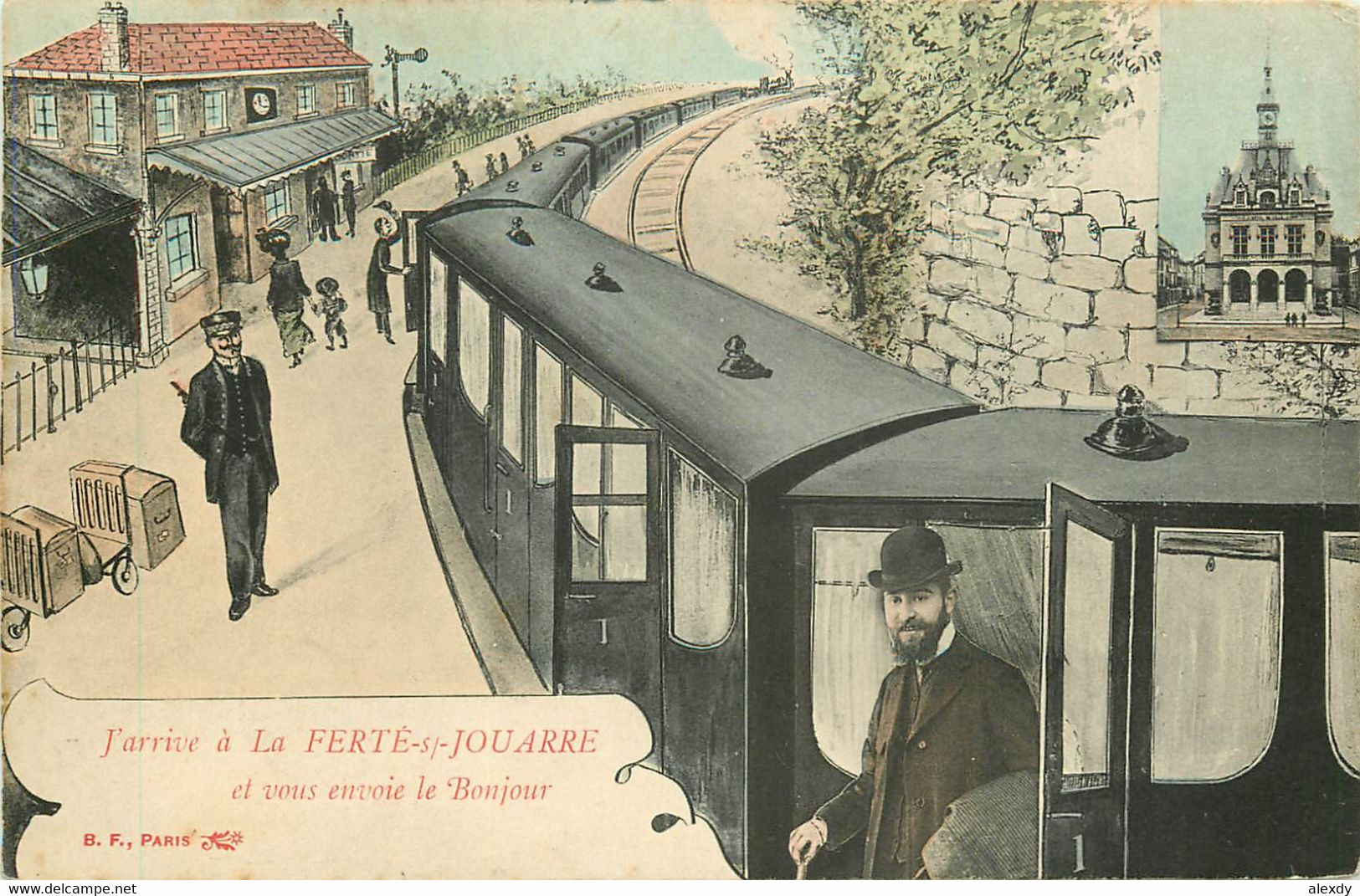 (XX) Carte Montage Gare Train Locomotive Voyageuse Voyageur. J'arrive Ou Je Pars De La FERTE-SOUS-JOUARRE 77 En 1909 - La Ferte Sous Jouarre