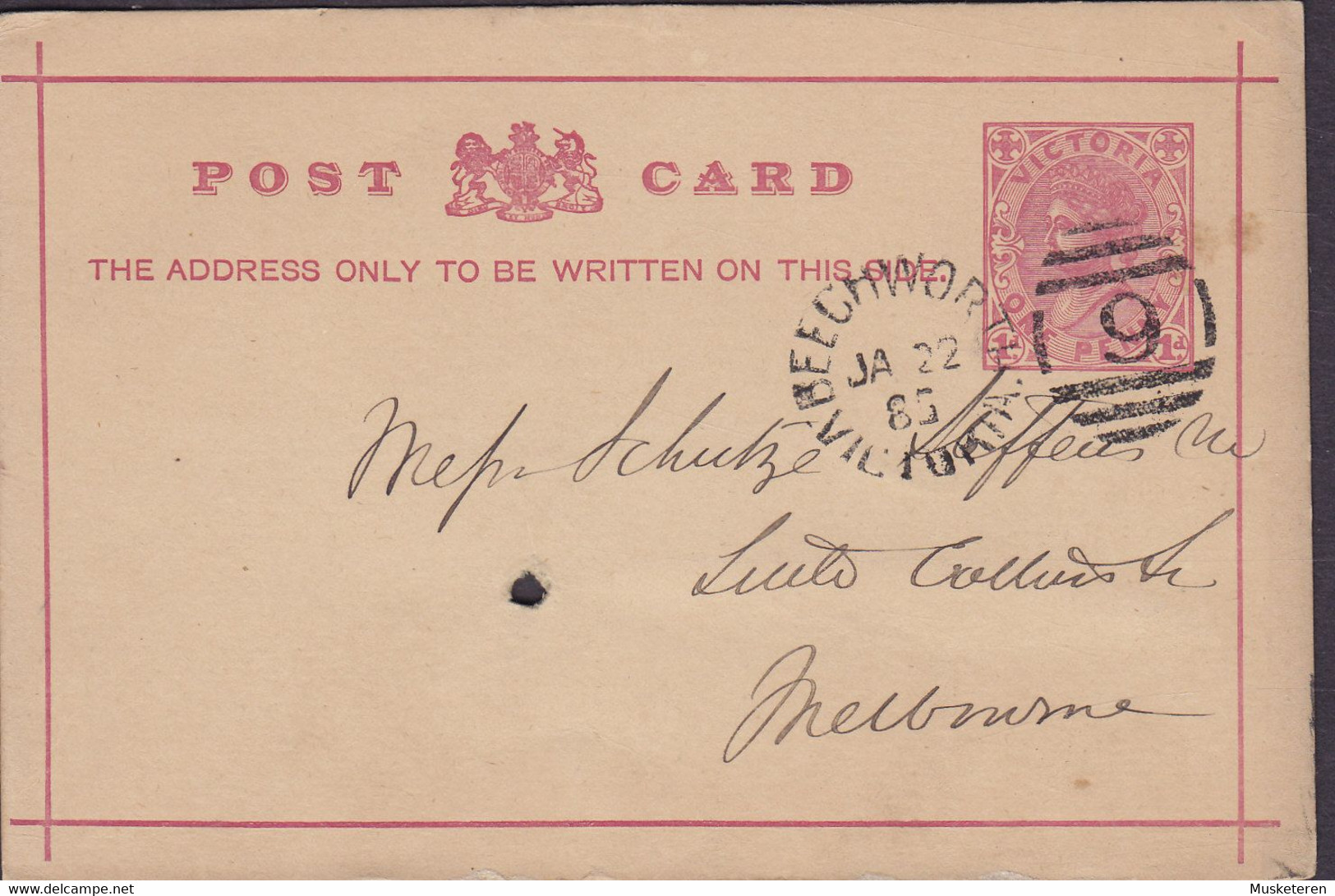 Victoria Australia Postal Stationery Ganzsache Entier 1d. Victoria BEECHWORTH Victoria 1885 MELBOURNE (Arr.) (2 Scans) - Cartas & Documentos