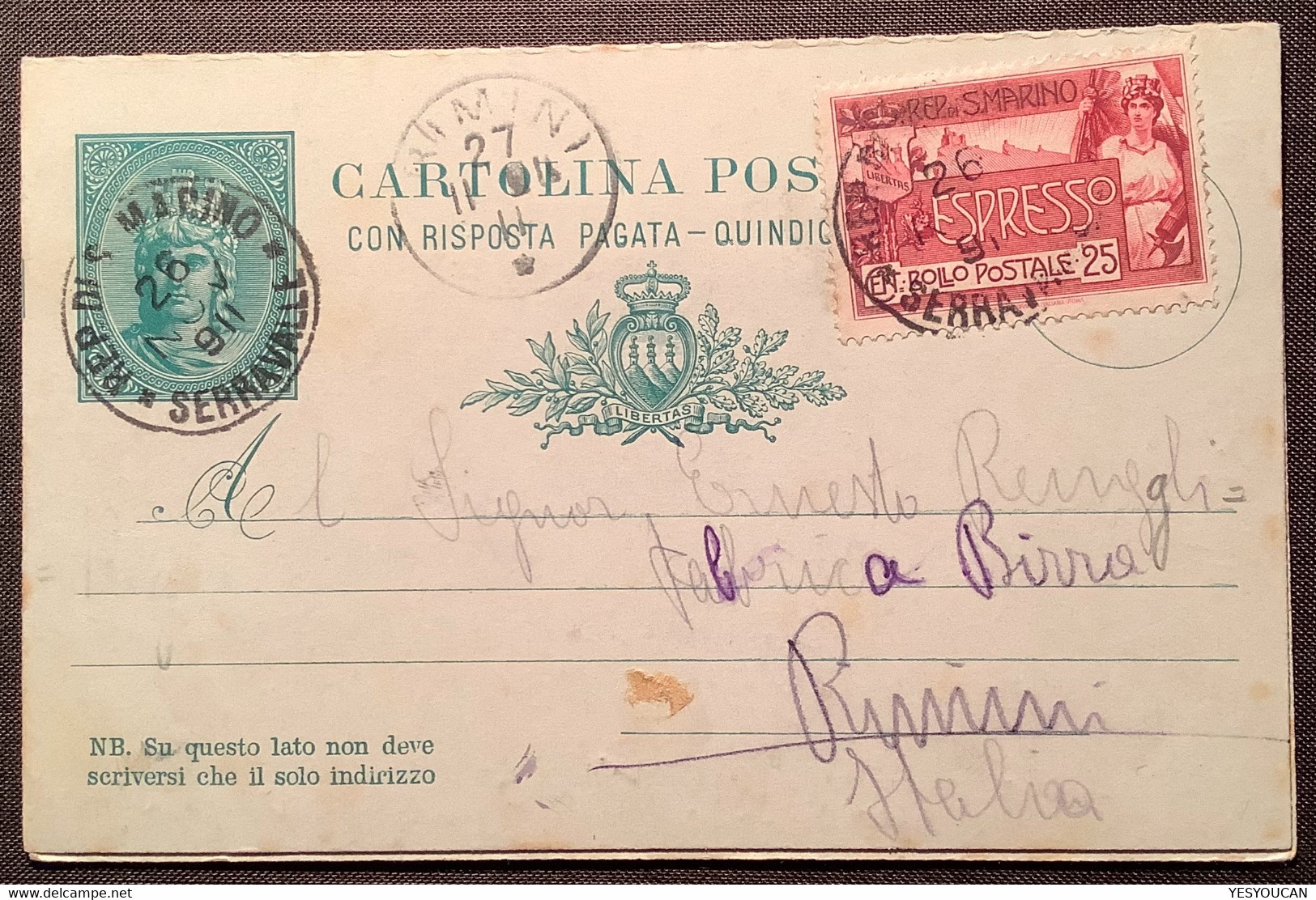 SAN MARINO SERRAVALLE 1911 RRR ! ESPRESSO Cartolina Postale>Rimini (postal Stationery Reply Card Express Italia  Cover - Covers & Documents