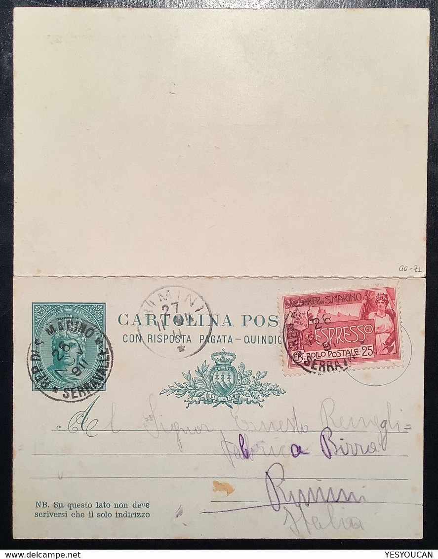 SAN MARINO SERRAVALLE 1911 RRR ! ESPRESSO Cartolina Postale>Rimini (postal Stationery Reply Card Express Italia  Cover - Cartas & Documentos
