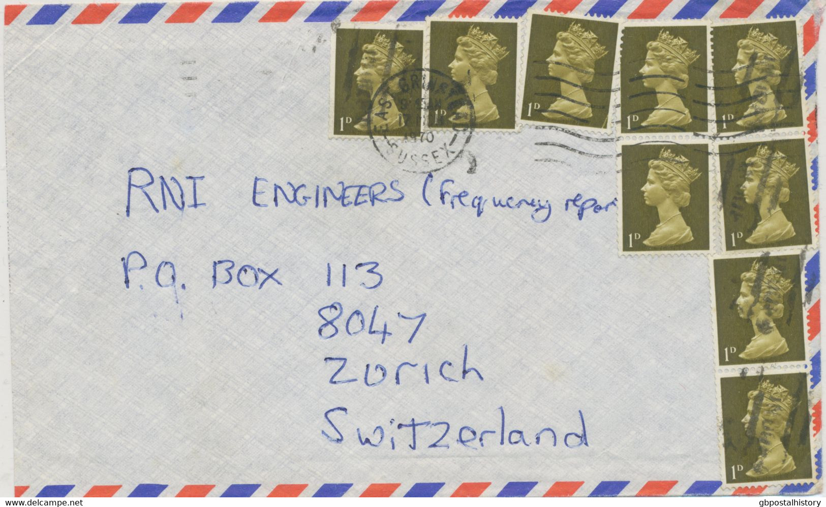 GB 1970 Queen Elizabeth II Machin 1d Olive (9 X = 9d = Correct Foreign Postage Rate) Extremely Rare Multiple Postage - Brieven En Documenten