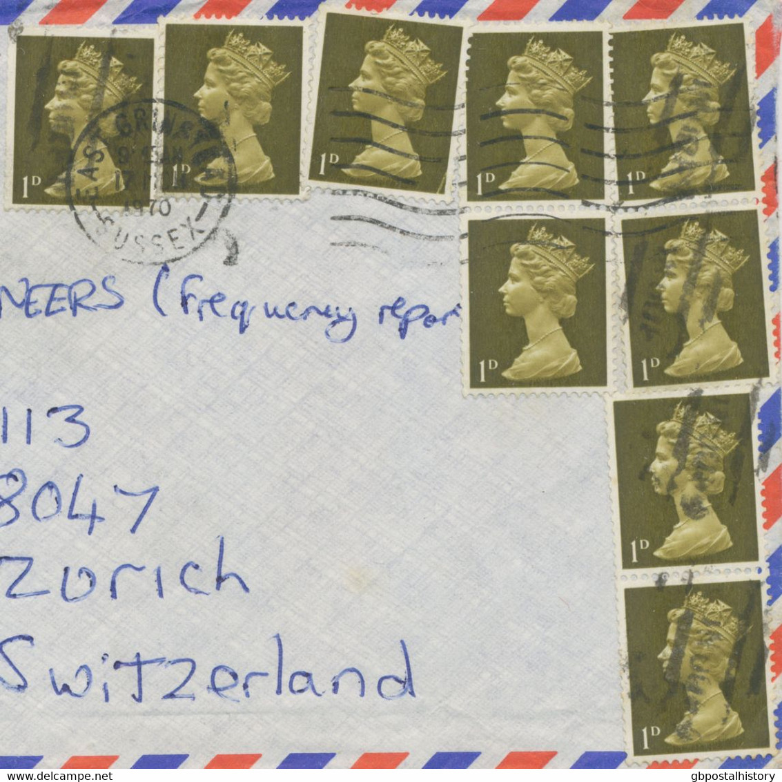 GB 1970 Queen Elizabeth II Machin 1d Olive (9 X = 9d = Correct Foreign Postage Rate) Extremely Rare Multiple Postage - Cartas & Documentos