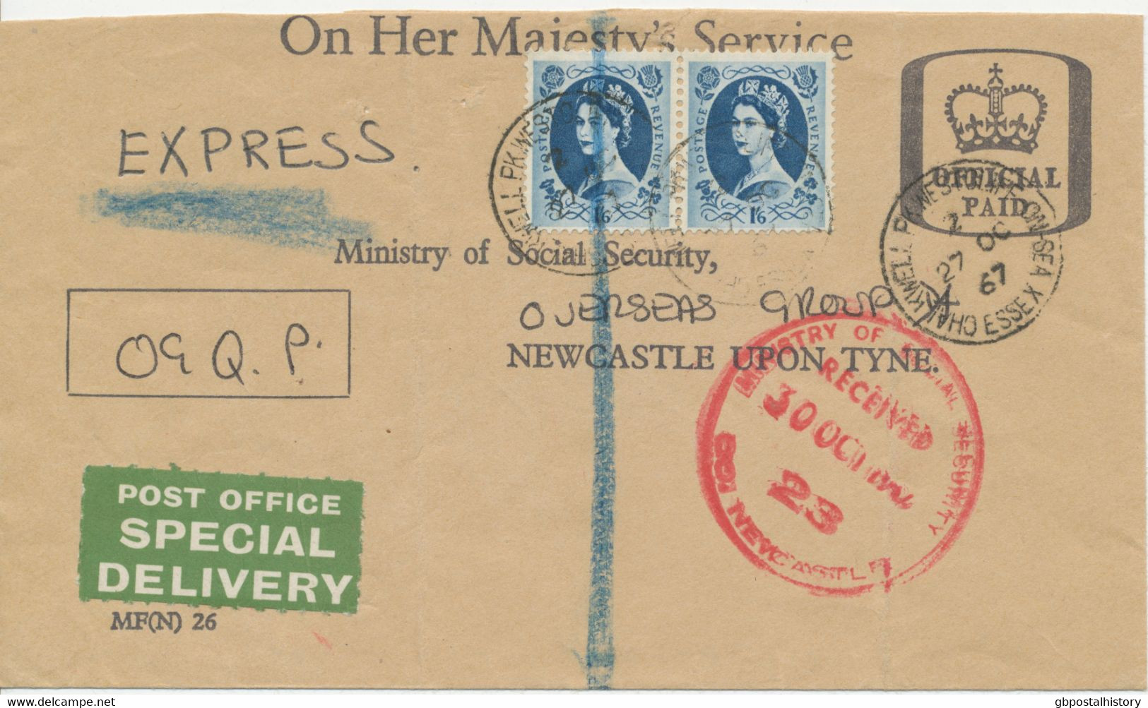 GB 1967 , Queen Elizabeth II 1sh 6d Blue (pair = 3sh = Correct Inland Postage Rate: Letter Rate FREE (Official Paid) - Brieven En Documenten