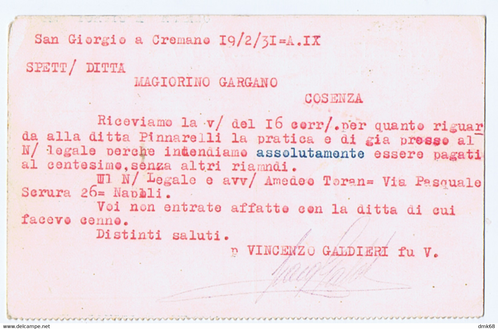 SAN GIORGIO A CREMANO - VINCENZO GALDIERI - CARTOLINA AUTOGRAFA - SPEDITA 1931 (12272) - San Giorgio