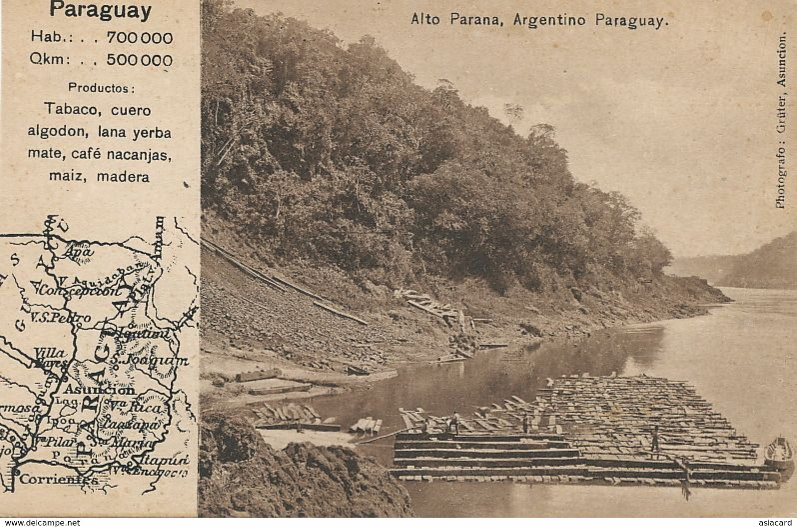 Alto Parana Argentino Paraguay Mapa De Paraguay Transporte Madera En El Rio Train De Bois Rivière - Paraguay