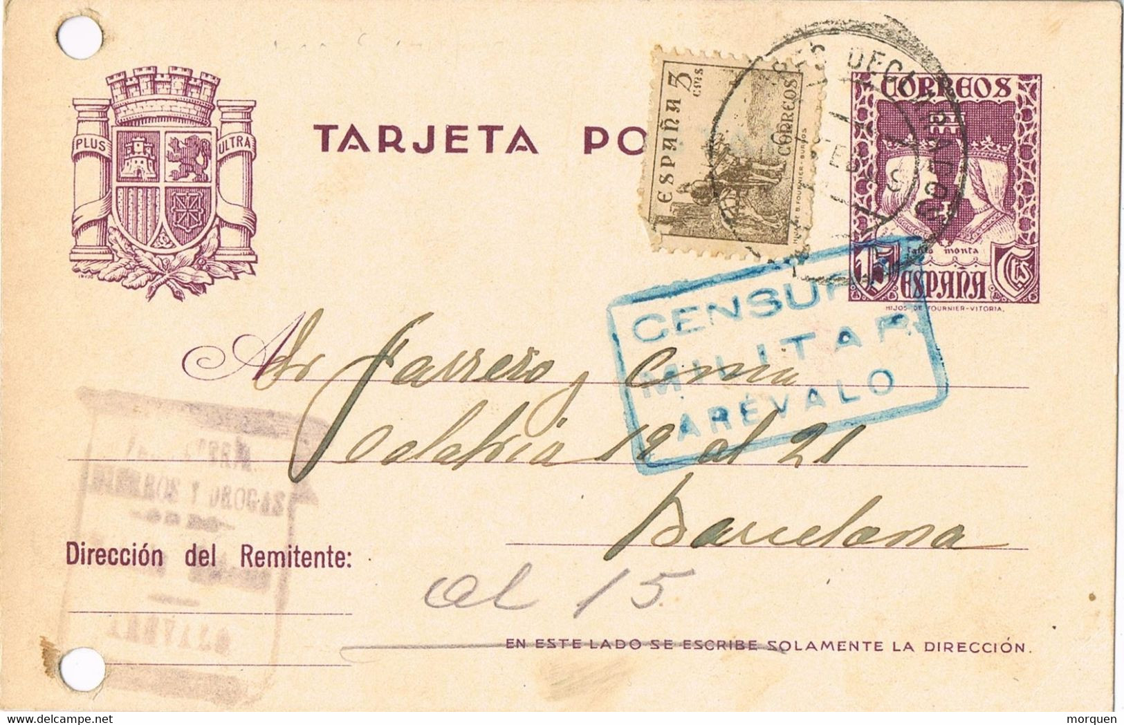 47049. Entero Postal AREVALO (Avila) 1939, Guerra Civil, CENSURA MILITAR. Fechador Valores Declarados Barcelona - 1931-....