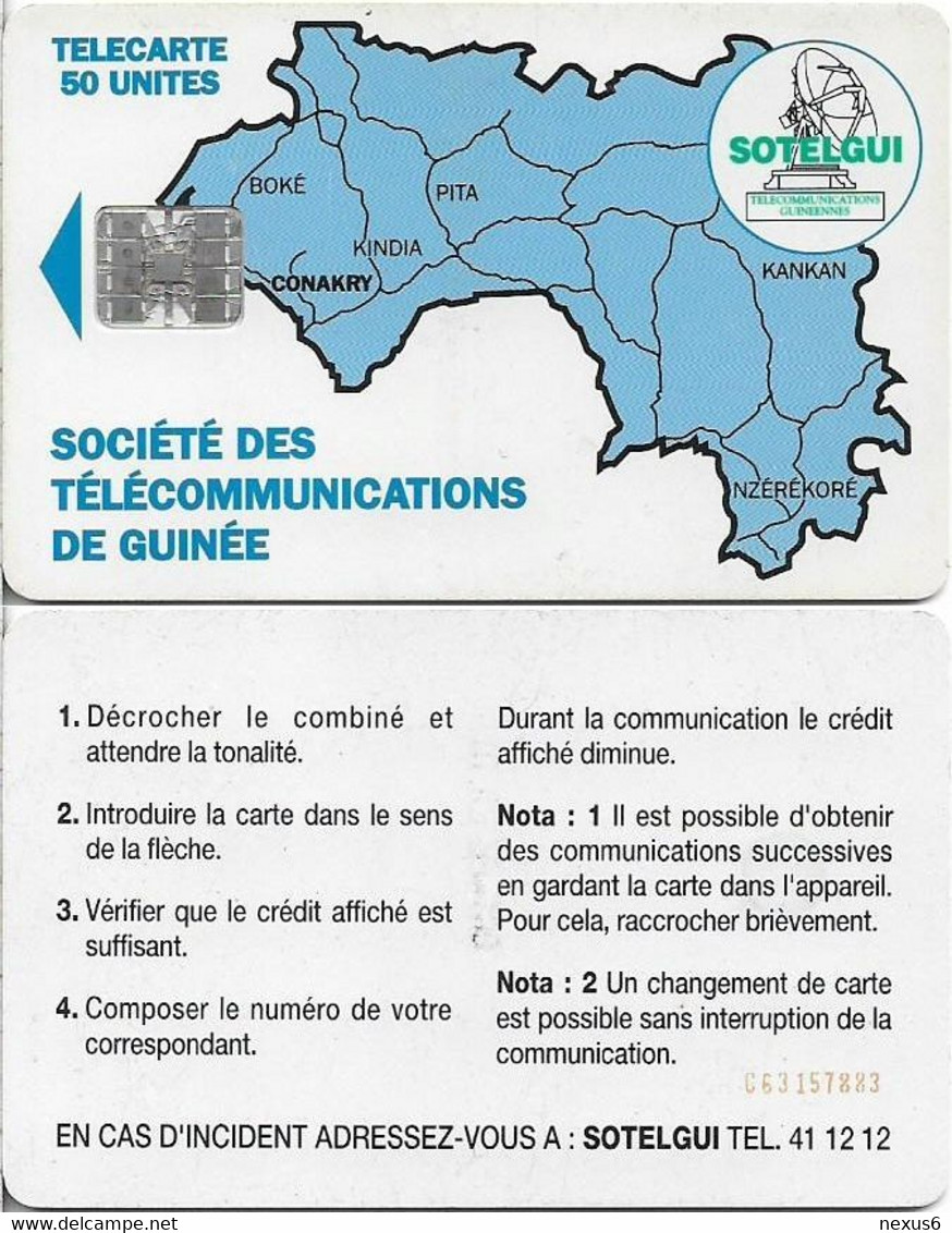 Guinea - Sotelgui - Map Of Guinea (Blue), SC7, CN. C63xxxxxx At Bottom Right, No Moreno, 50Units, Used - Guinea