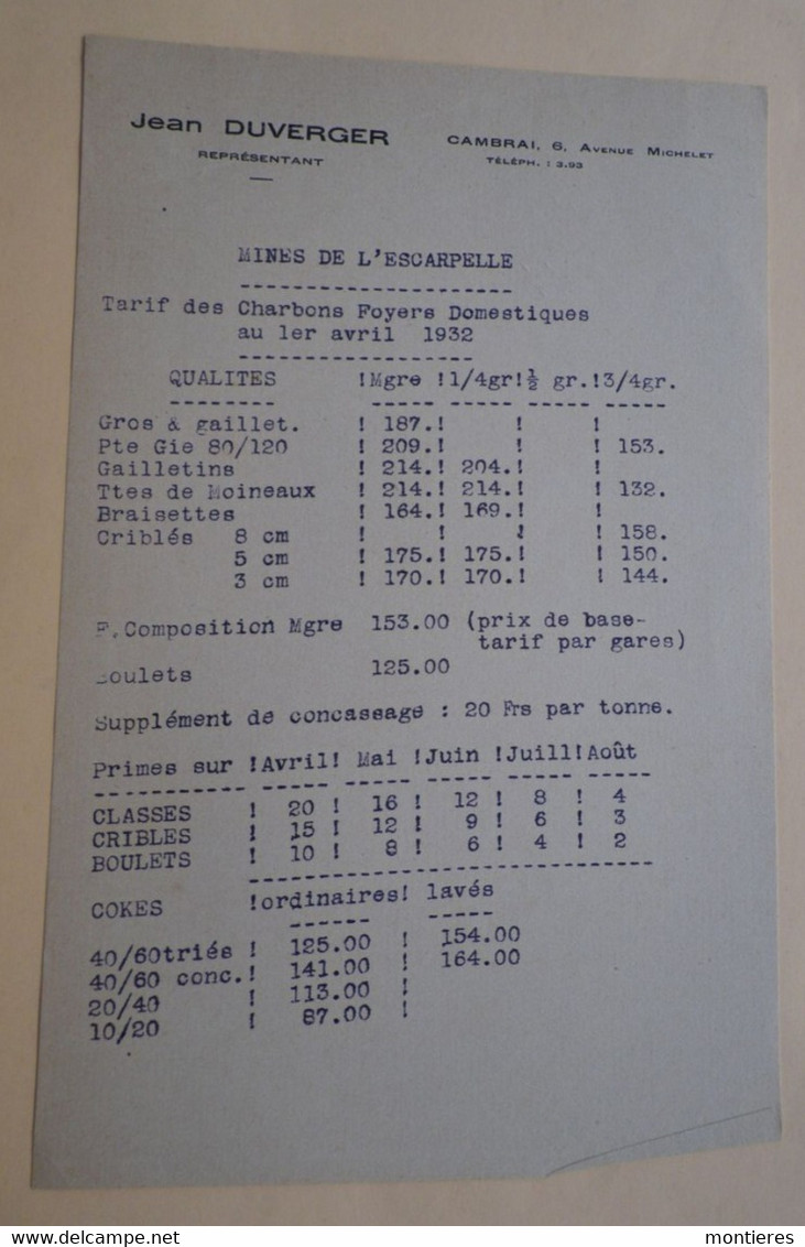 Compagnie Des Mines De L'Escarpelle J. DUVERGER Représentant à CAMBRAI (Nord - 59)  Tarif Charbon 1er Avril 1932 - Electricité & Gaz