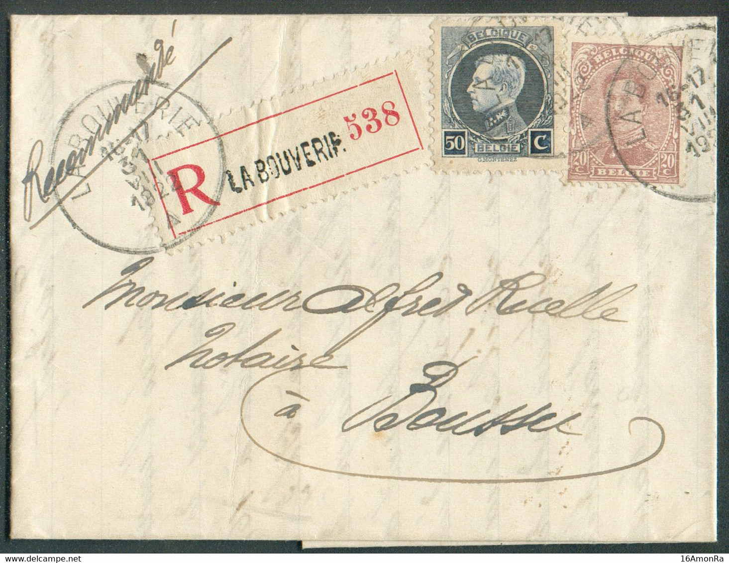 20c. Em. 1915 Et 50c. Petit MONTENEZ Obl; Sc LA BOUVERIE Sur Lettre Recommandée Du 31-VIII-1922 Vers Boussu - 20222 - 1921-1925 Kleine Montenez