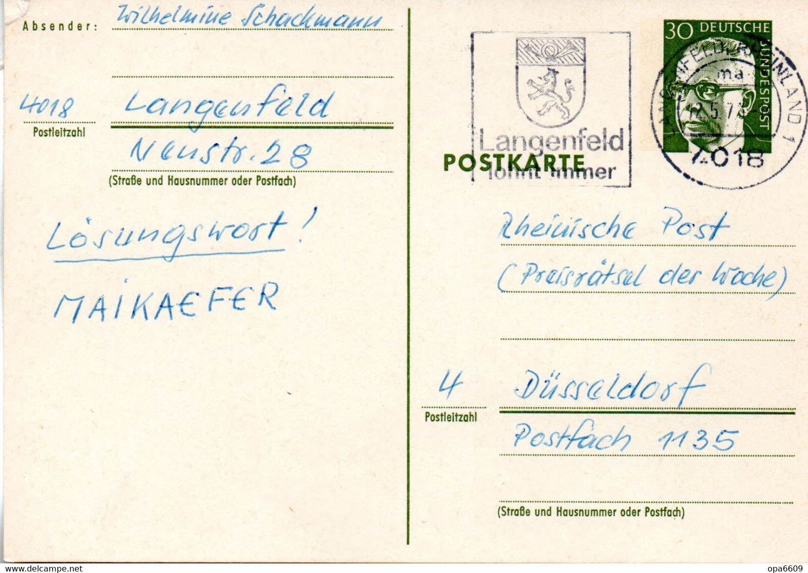 BRD Amtl.Ganzs.-Postk.P 102 WSt."Bundespräsident Dr. G. Heinemann" 30 (Pf) Grün, MWSt 12.5.73 LANGENFELD - Postkarten - Gebraucht